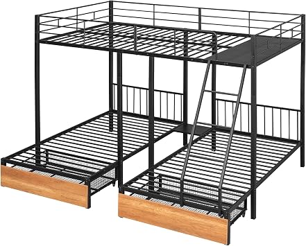 Merax Full Over Twin & Twin Triple Bunk Bed, Black Metal Bed Frame with Drawers and Guardrails