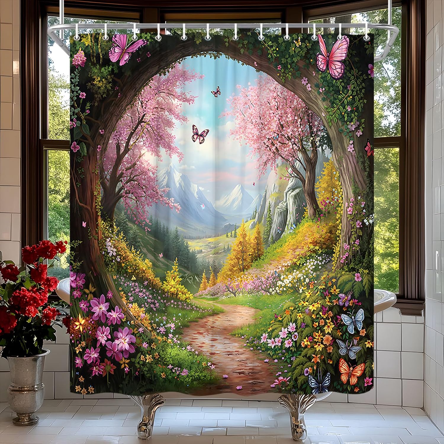 Enchanted Forest Shower Curtain Cherry Blossom Butterfly Jungle Mountain Nature Spring Scenic Garden Wonderland Fairy Tale Landscape Bath Curtain Fabric Bathroom Accessories Decor with Hooks 70W x90L