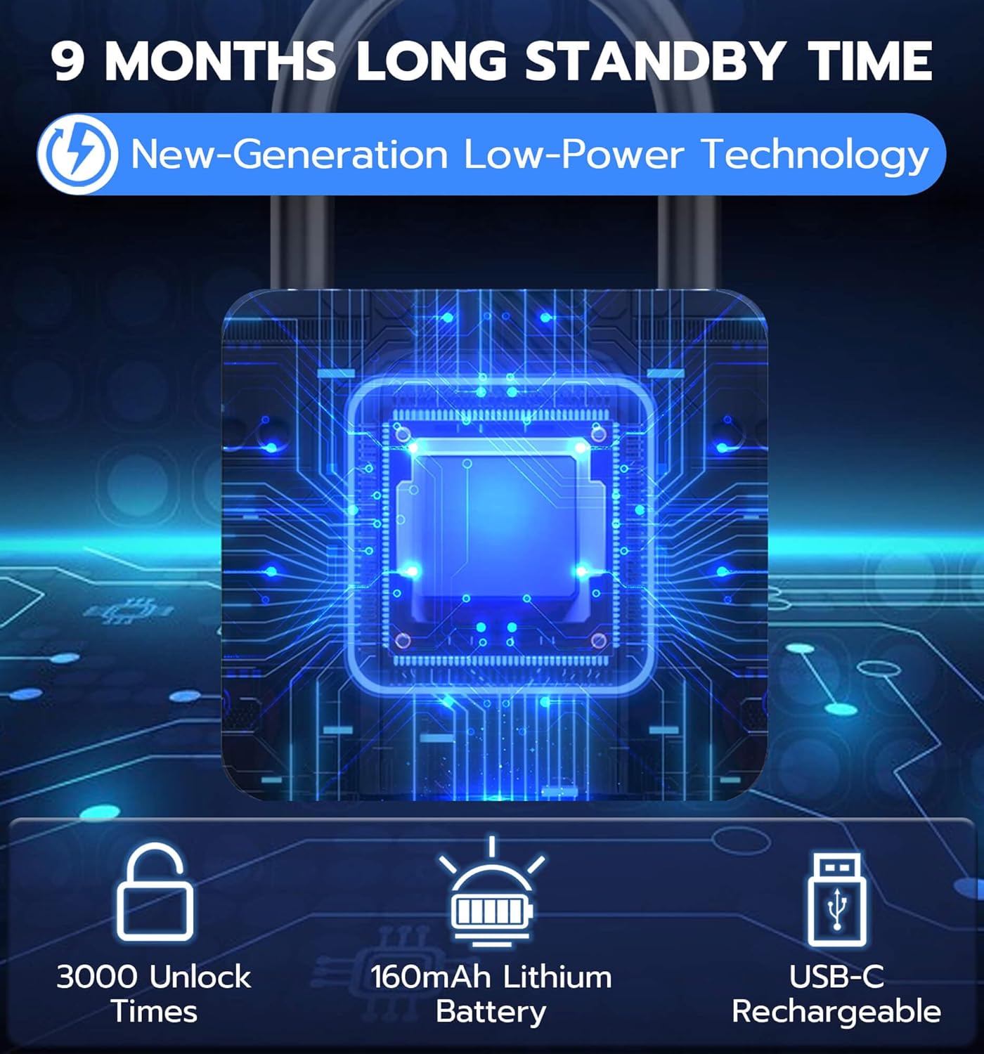 Diagram showing the padlock's internal battery, 160mAh Lithium, 3000 unlock times, and USB-C rechargeable icon.