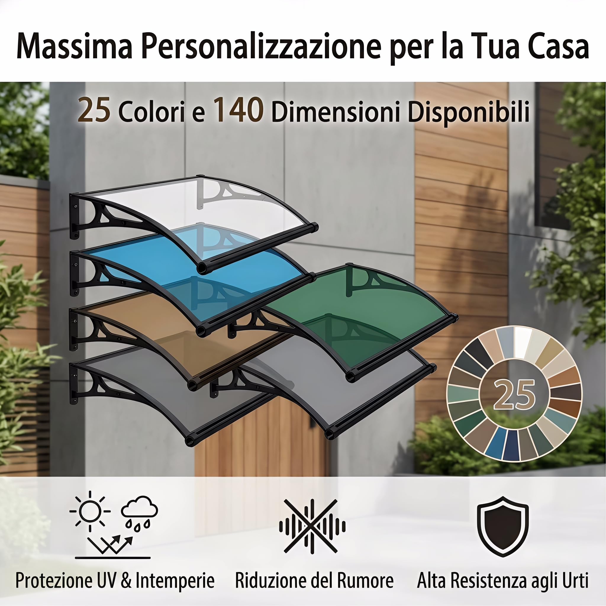120x200cm pensilina da esterno【ERRTSDB tettoia, Grigio Argento+Verde】Protezione UV, Pioggia, Modulare con Groove di Scarico per Porte Balcone Finestre Elegante E Resistente