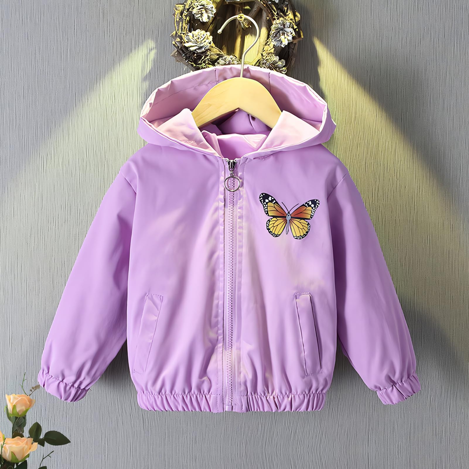 Manteau Fille Veste à Capuche Enfant Blouson Extérieure Trenchcoat avec Motif Papillon Printemps Automne