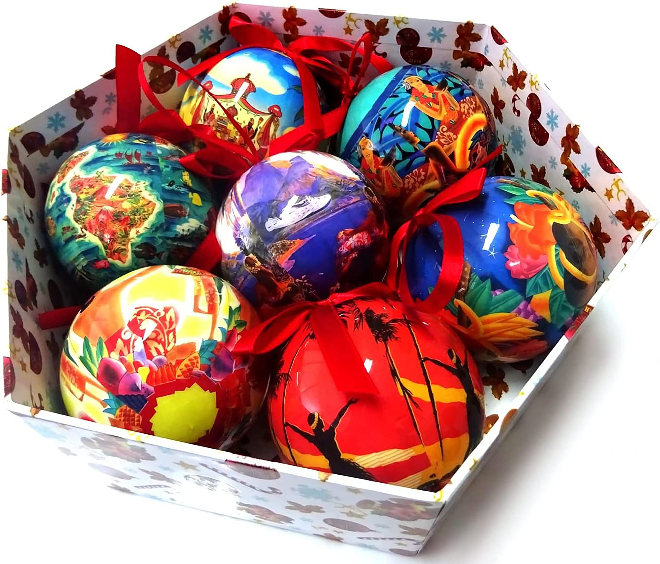 Set Di 7 Palline Di Natale Hawaiane – Ornamenti Infrangibili Con Nastro Rosso, In Scatola Regalo Esagonale, Tema Hula Girl