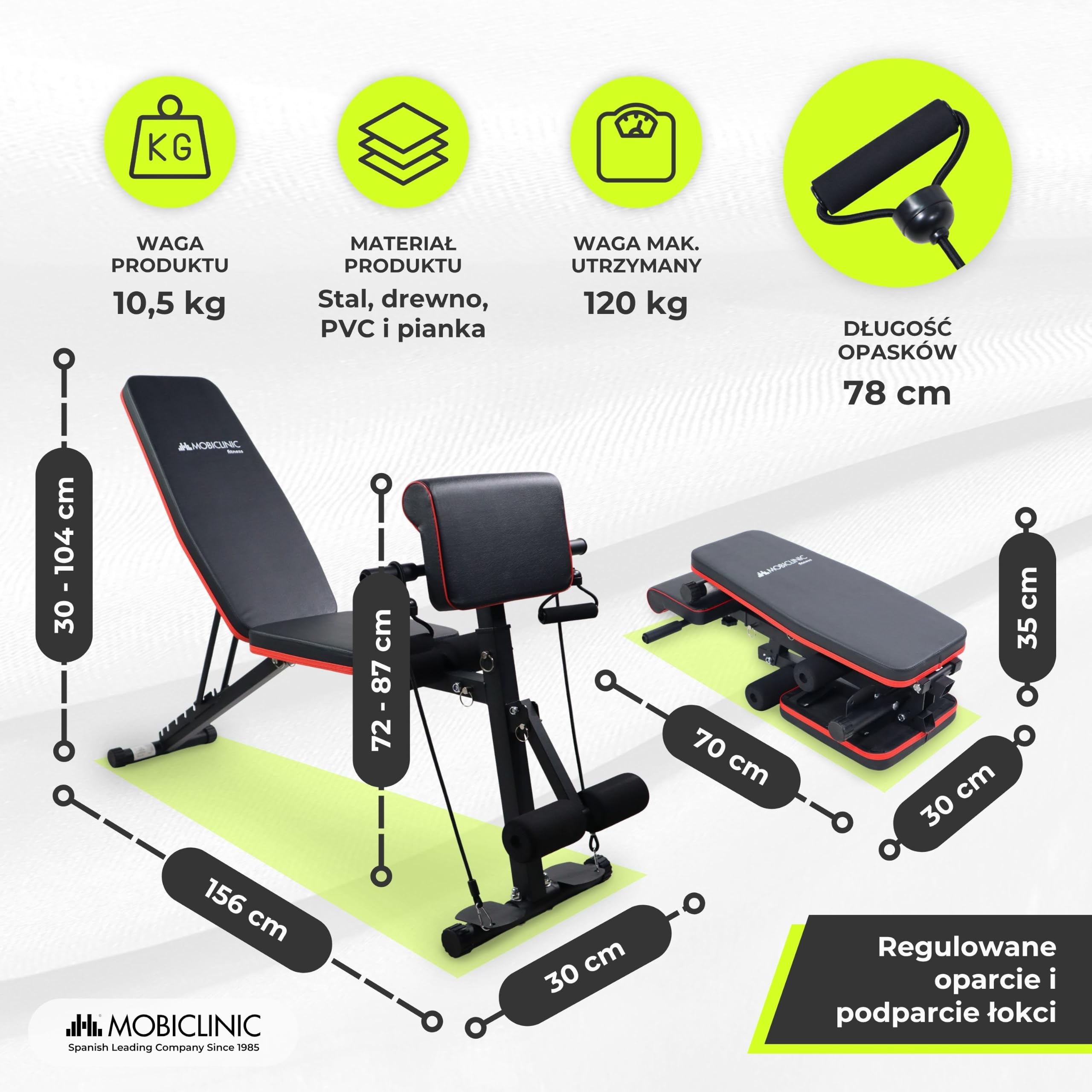 Mobiclinic®, Ławka treningowa, Z Paskami Oporowymi, Składana, Z Kółkami, Wielofunkcyjna, Do Wyciskania na Ławce, Regulowana, Uchylna i Opuszczana, Do 120 kg, Planefit, Domowa Siłownia