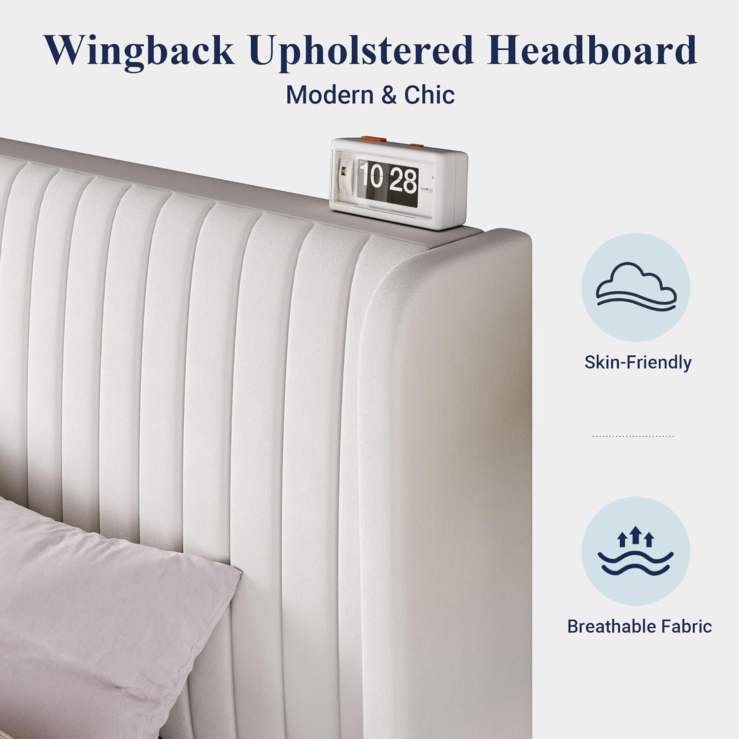 Allewie King Size Velvet Bed Frame/Vertical Channel Tufted Wingback Headboard/Upholstered Platform Bed/No Box Spring Needed/Strong Wooden Slats/Easy Assembly/White - Image 5