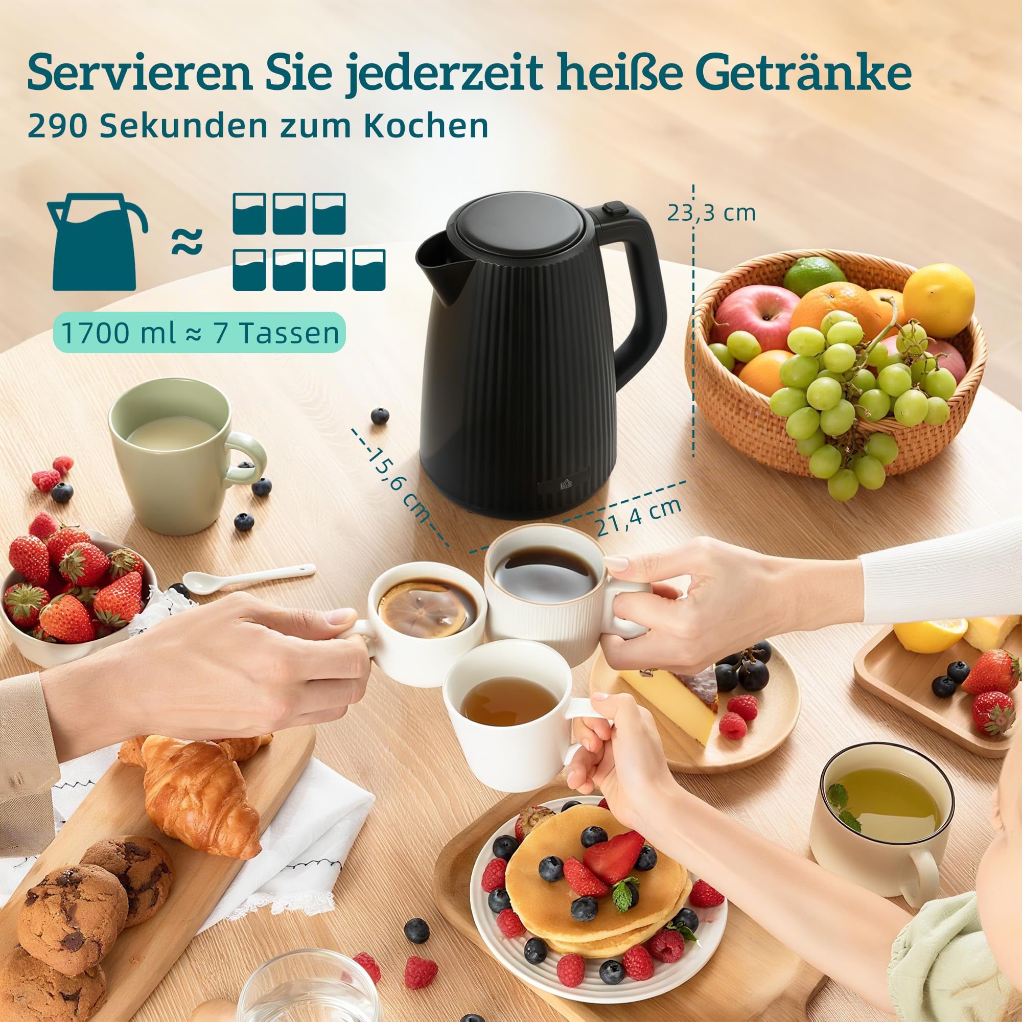 HOMCOM Hervidor eléctrico Tostadora Olla de huevos Set 1,7 L 2200 W Acero inoxidable Hervidor rápido con filtro antical Tostadora 4 rebanadas con 7 niveles de bruñido