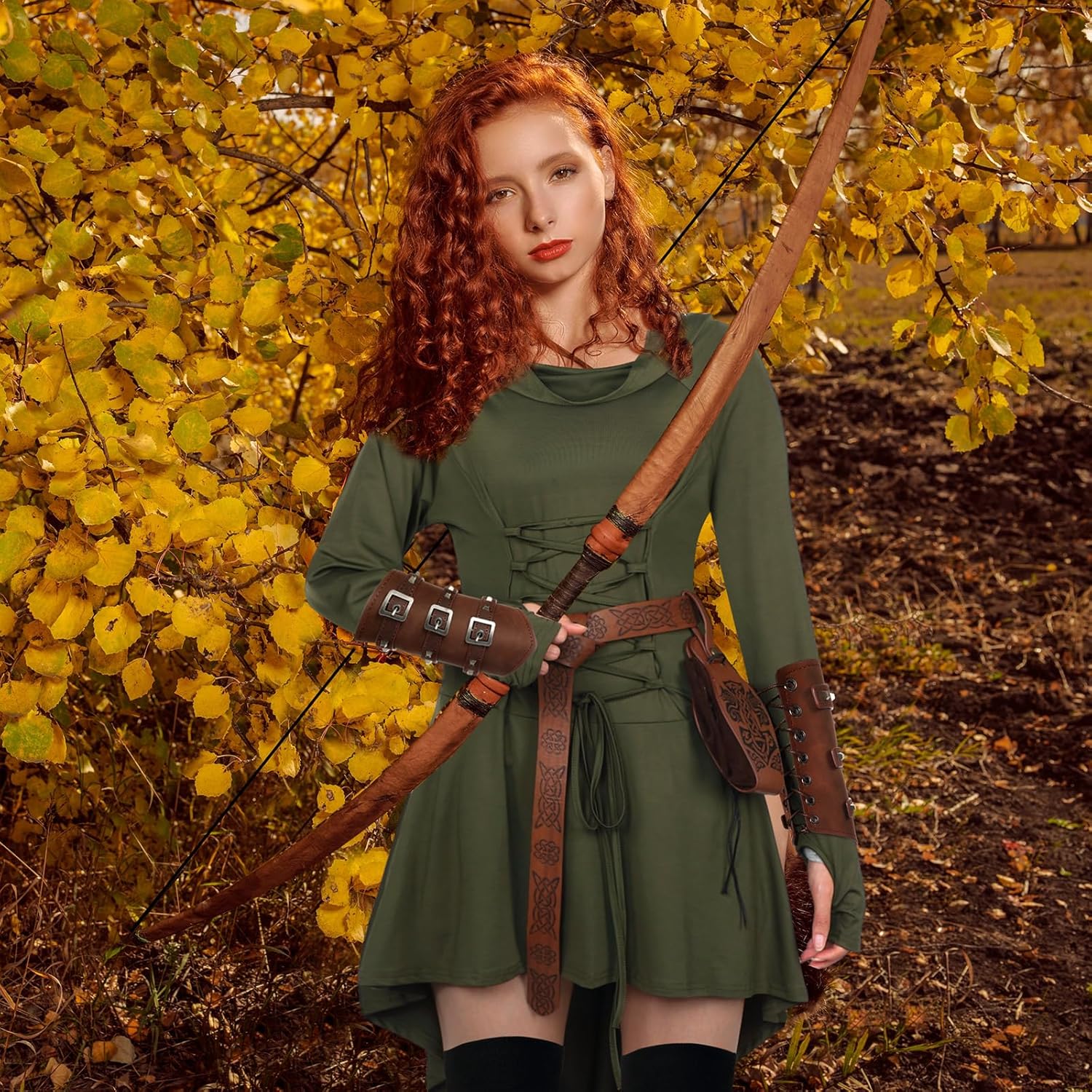 Suhine 5 Pcs Renaissance Women Costume Medieval Hooded Robe Carnival Vintage Faux Leather Arm Pouch Belt for Cosplay Party - Image 3