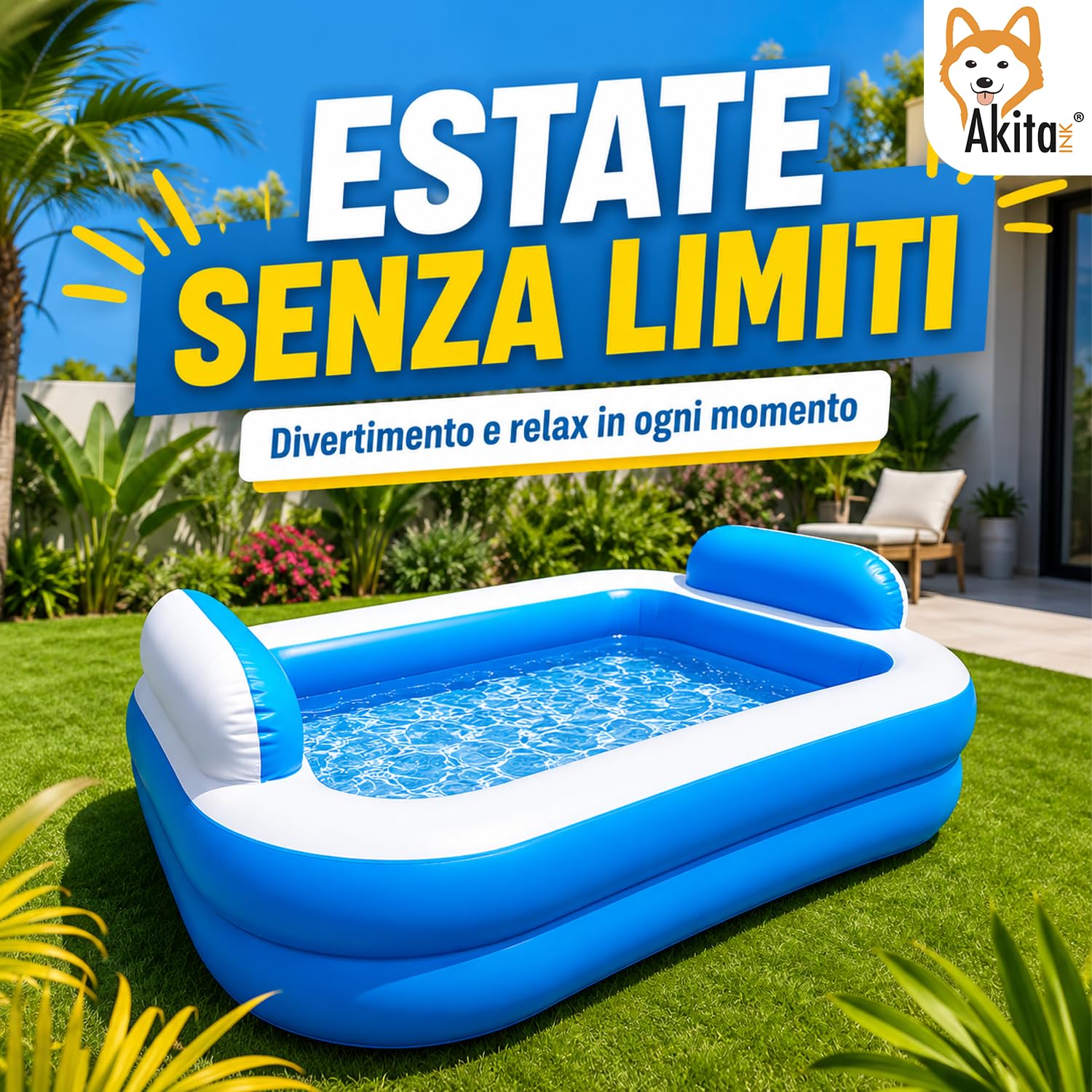 Akitaink Piscina Gonfiabile Rettangolare 200x150x50 cm con Cuscini e Fondo Gonfiabile in PVC Azzurro/Bianco per Bambini dai 3 Anni in Su