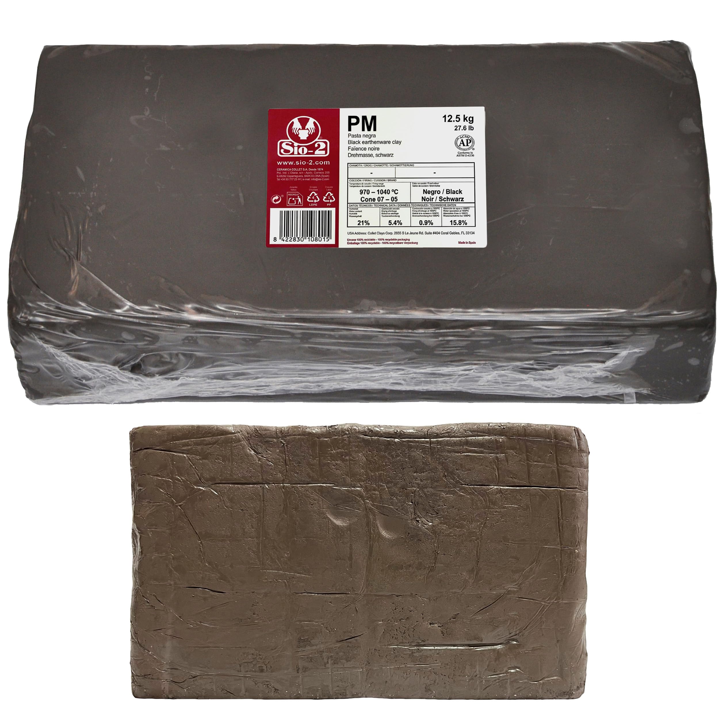 SIO-2 PM Black Low Fire Pottery Clay, 27.6 lb (Cone 07-05) Natural Modeling Clay for Wheel Throwing & Hand Building