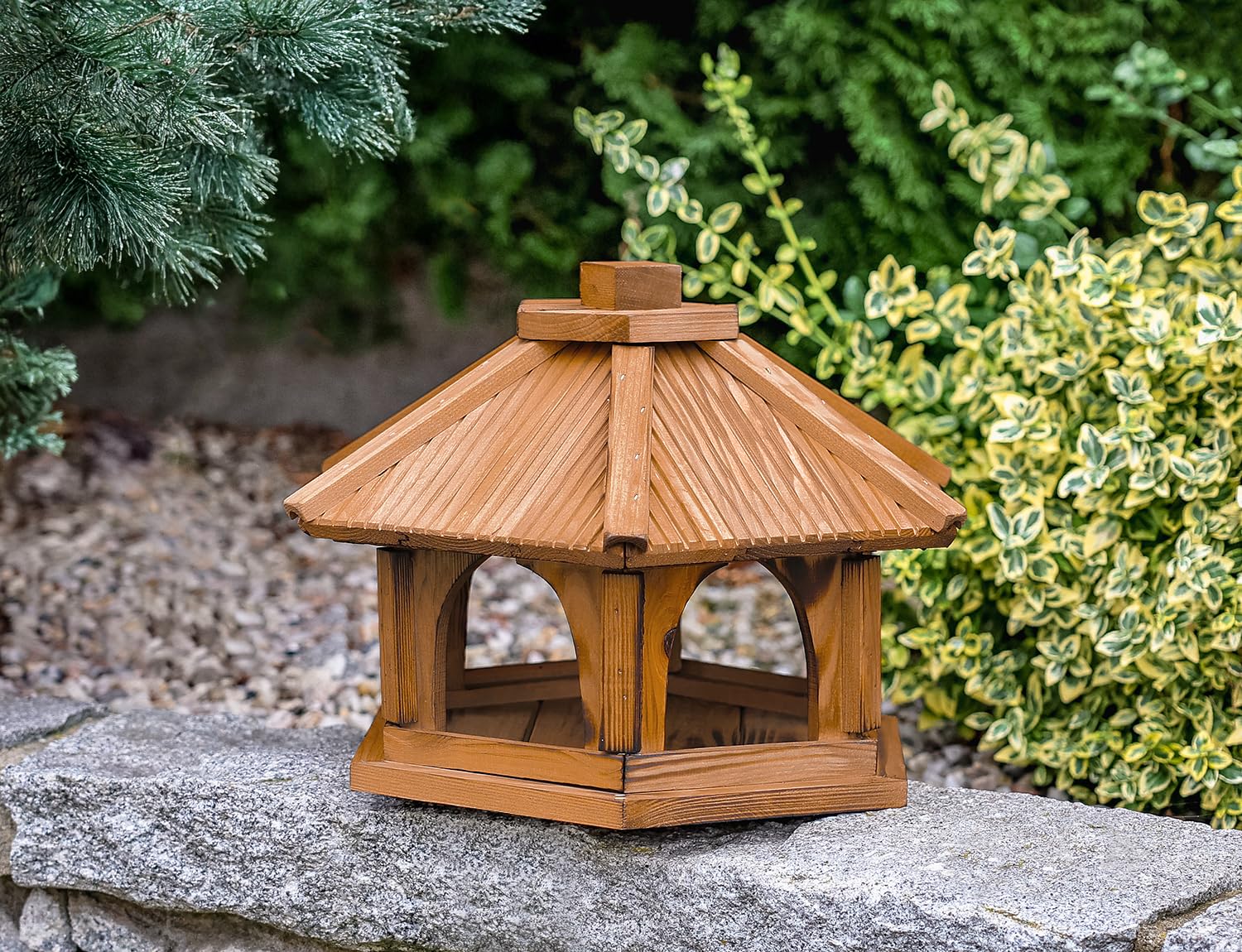 Sechseckiges Vogelhaus aus Holz, Futterstation für Wildvögel, Garten Vogelfutterhaus zum Stellen, Traditionelles Design