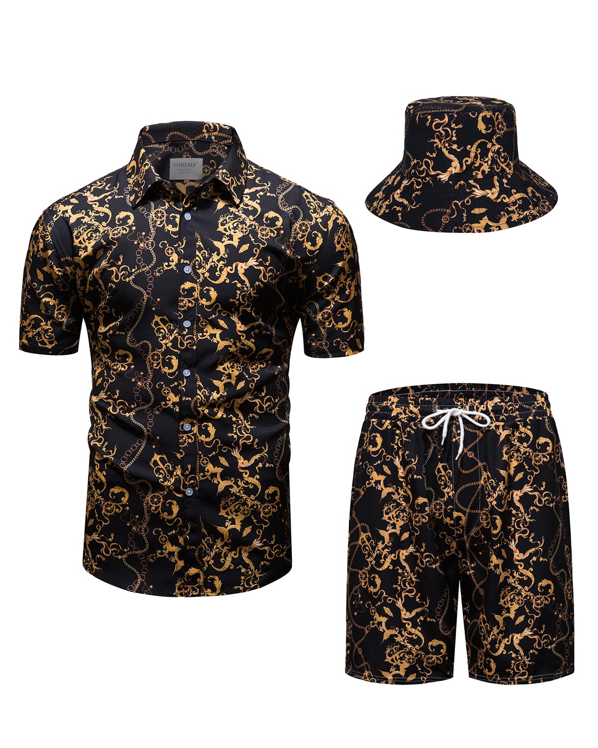 Mens Luxury Shirt and Short Set Outfit Baroque 2 Piece Black Gold Chain Print Casual Button Down Hawaiian Shirt Suits with Bucket Hat
