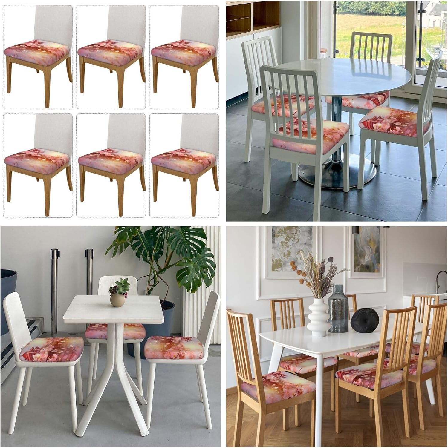6PCS Stretch Seat Covers Set, Cherry Blossoms Chair Covers for Dining Room, Square Chair Seat Slipcovers with Ties, Removable Washable Dining Chair Protector Seat Cover for Kitchen Office