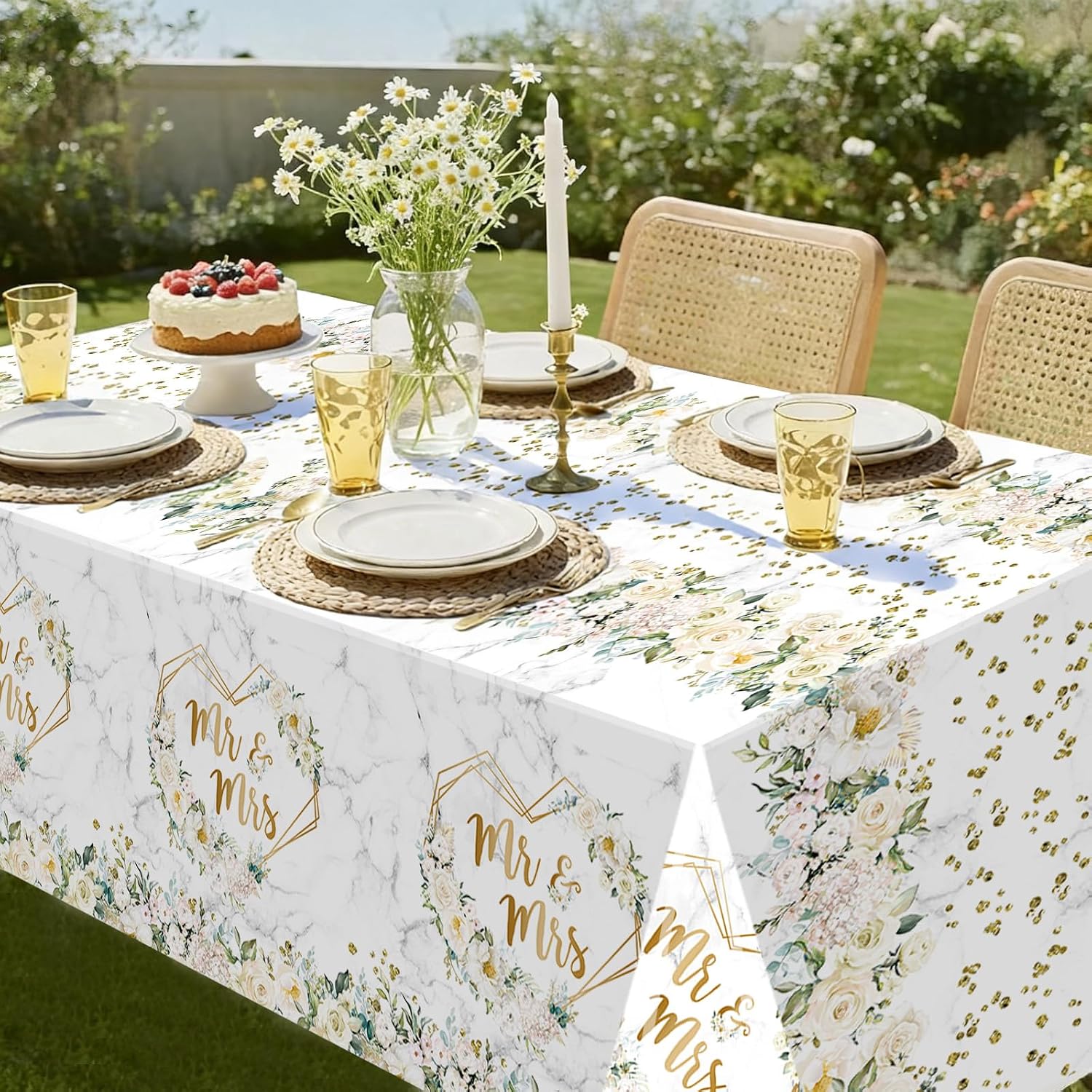 MEHOFOND 3pcs White Mr & Mrs Plastic Tablecloth, 108x54inch Table Cover | Floral Wedding Disposable Table Cloth, Hearts Geometric Bridal Shower Table cloth, Bride to Be Engagement Party Decorations