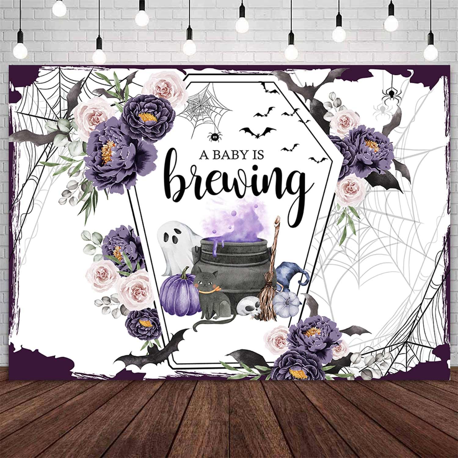 Sensfun Halloween Baby Shower Backdrop A Baby is Brewing Decorations Purple Witch Ghost Party Background Boy Girl Halloween Gender Reveal Banner Photo