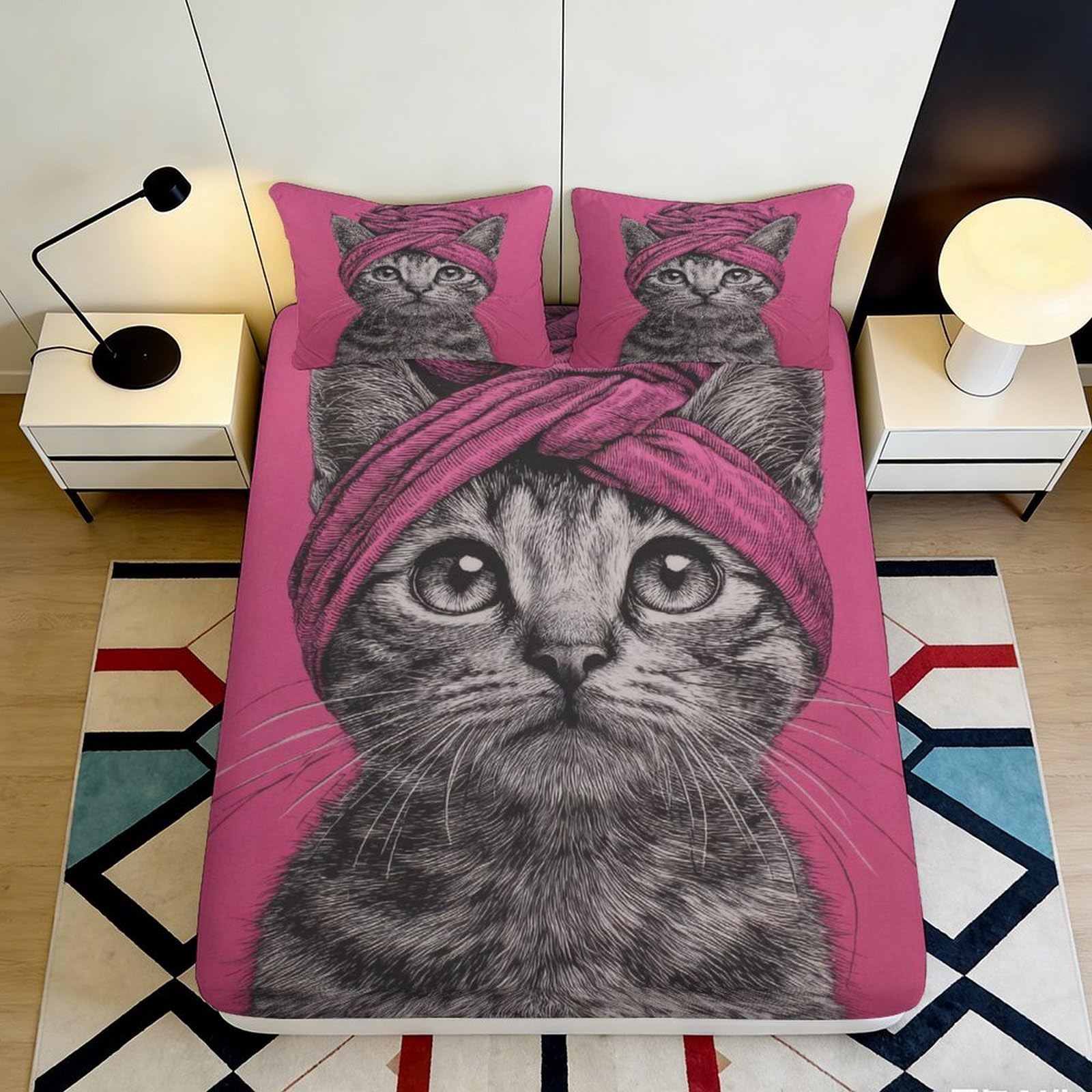 Jqzkxnhpbr Style-10 3D Printed Cat Art Fitted Sheet Microfiber Pink Cartoon Animal Mattress Cover Bedroom Decor Washable 90X200x25cm