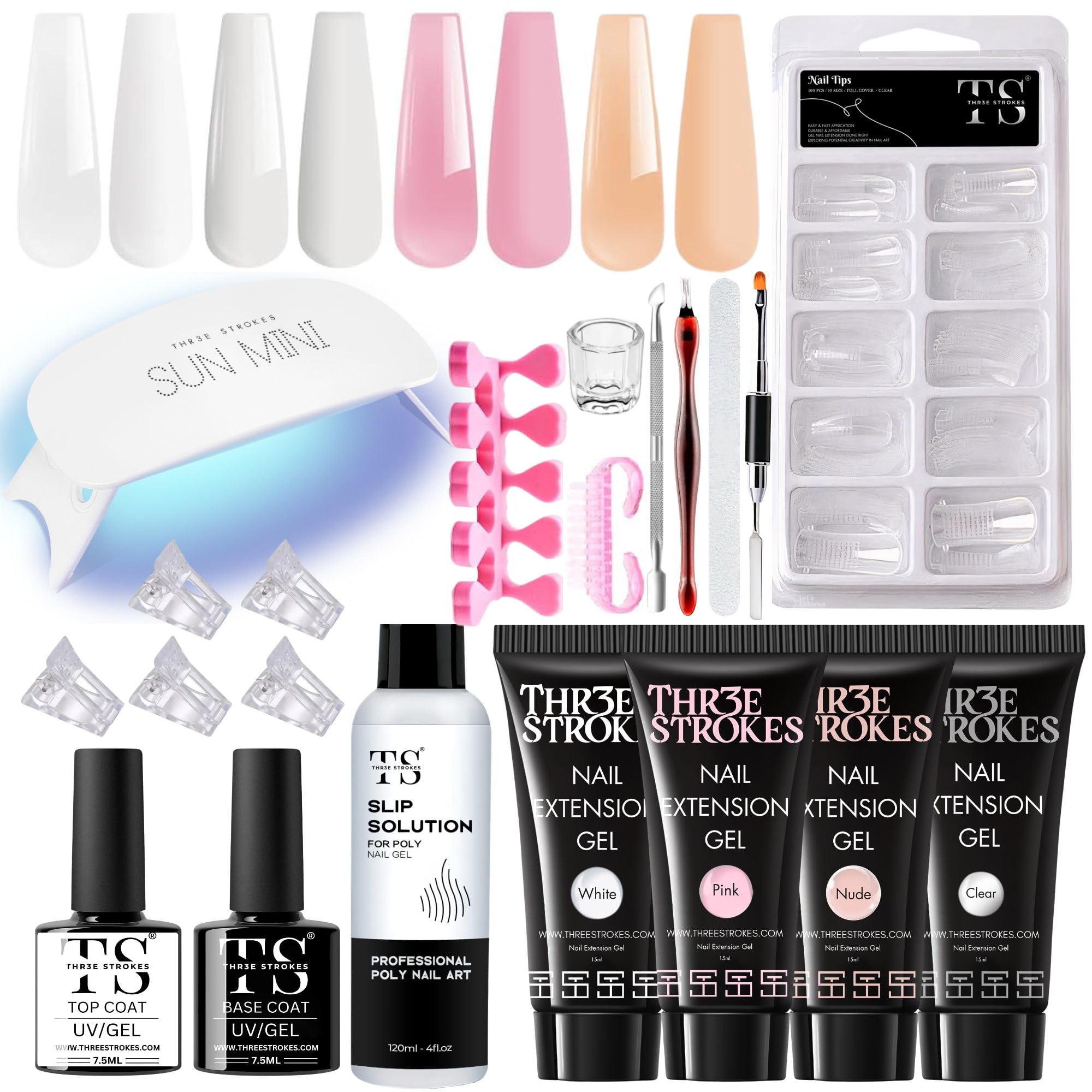 THR3E STROKES Poly Nail Extension Gel Kit with UV LED Lamp, Slip Solution, Nail Gel Brush, Dual-Form Nail Tips & Manicure Tools - Professional Nail Art Kit for DIY Salon-Quality Nails at Home (22 ITEMS IN SET)(ONYX KIT)-image-37
