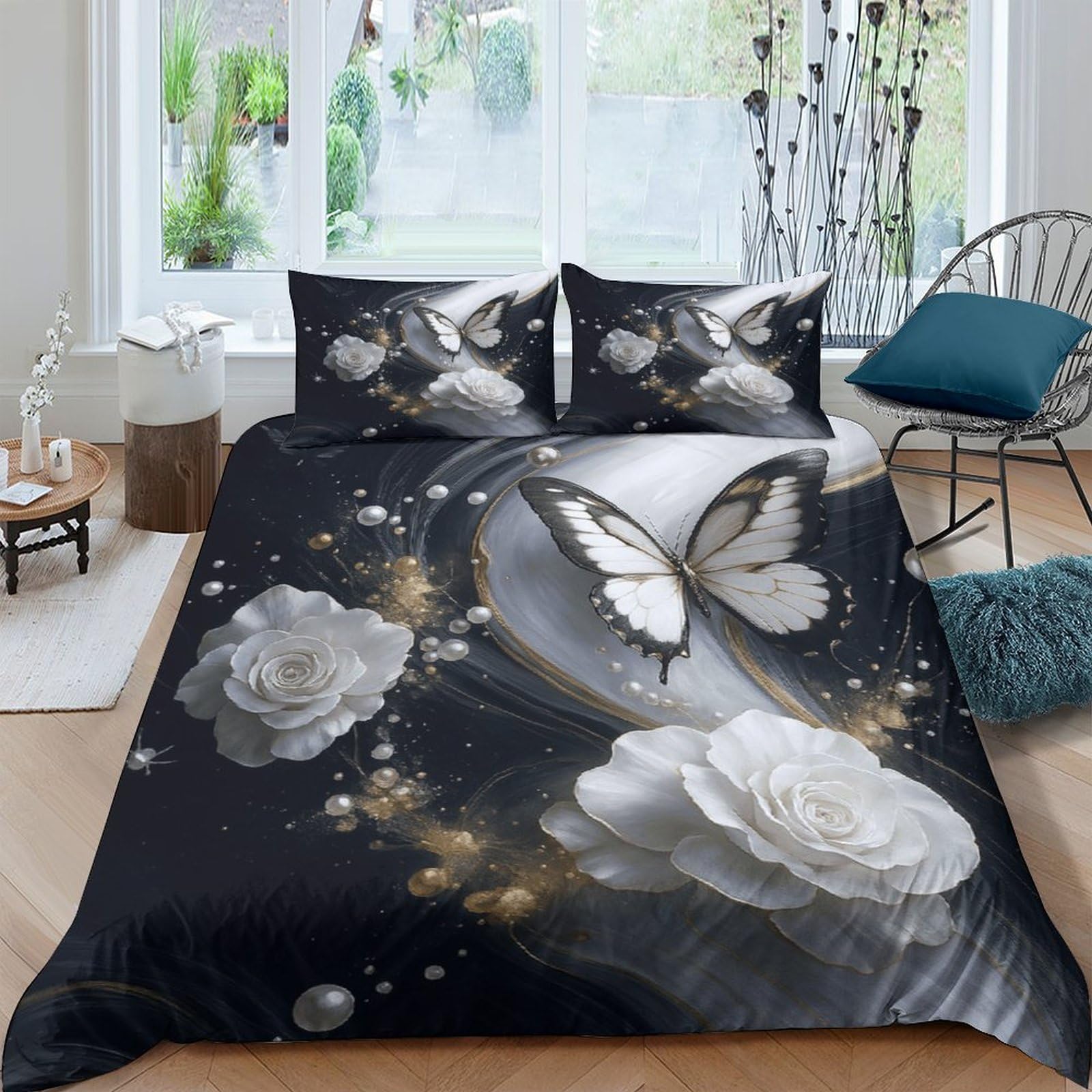 GPLZQXKJNH 3D Printed White Rose Butterfly Duvet Cover Microfiber Soft Breathable Black Bedding Set with 2 Pillowcases for Bedroom Home Décor Single（135x200cm）