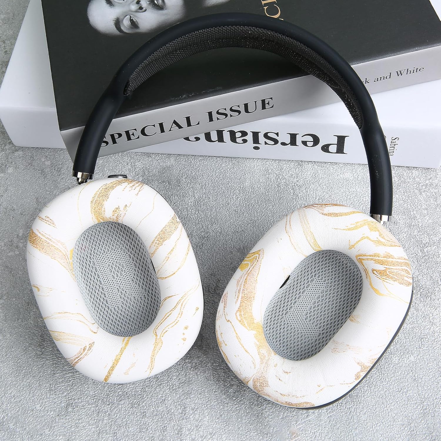 Ear Cushion Pads for AirPods Max Earpads Replacement with Protein Leather, Memory Foam and Magnet, Gorgeous and Luxury Style with White Gilding Pattern