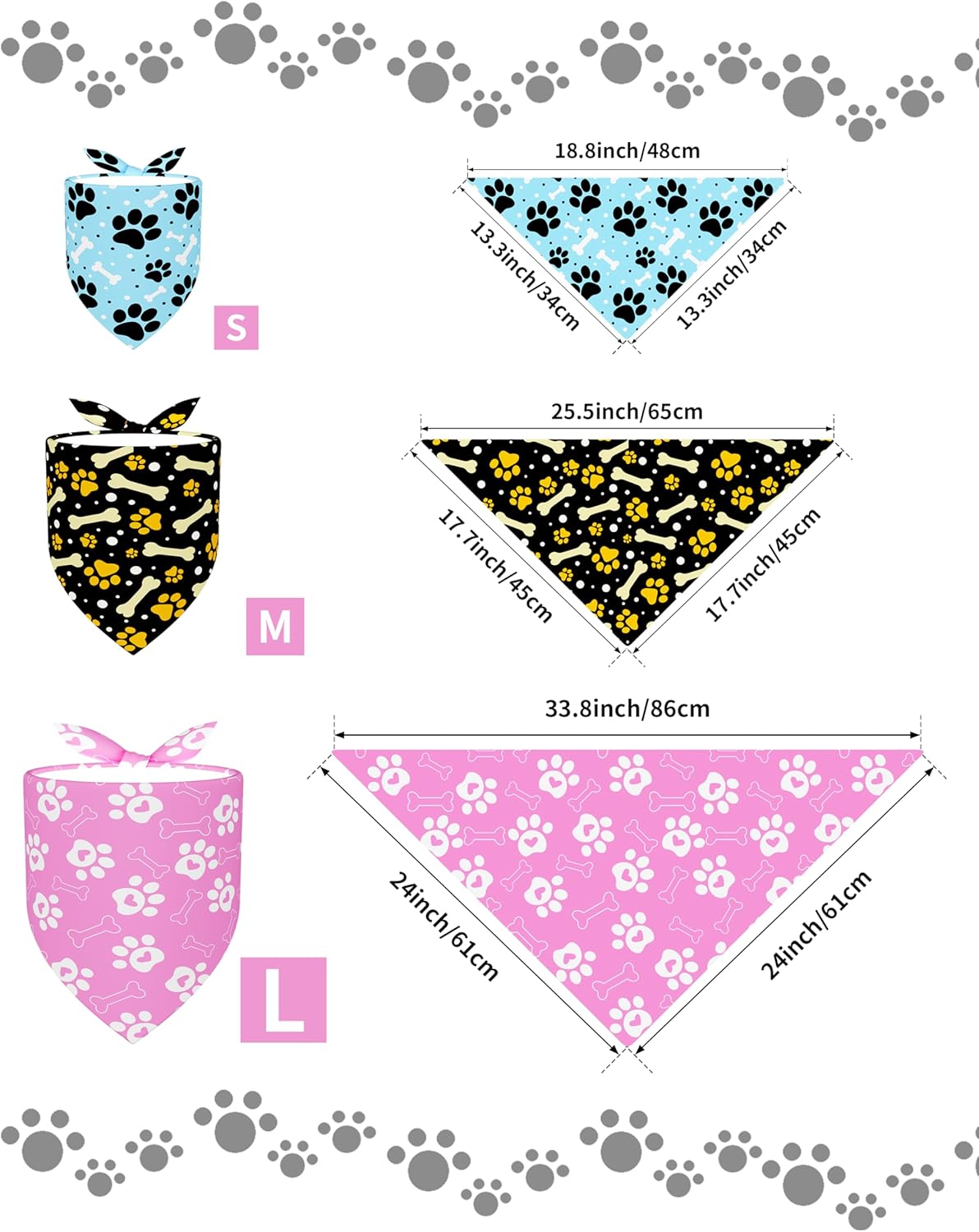 PET SHOW 100 Pack XL Dog Bandanas Bulk No Stitching for Extra Large Dogs Washable Paw Print Scarf Triangle Bibs Grooming Kerchiefs for Girl Boy Pets Parties Costume Accessories