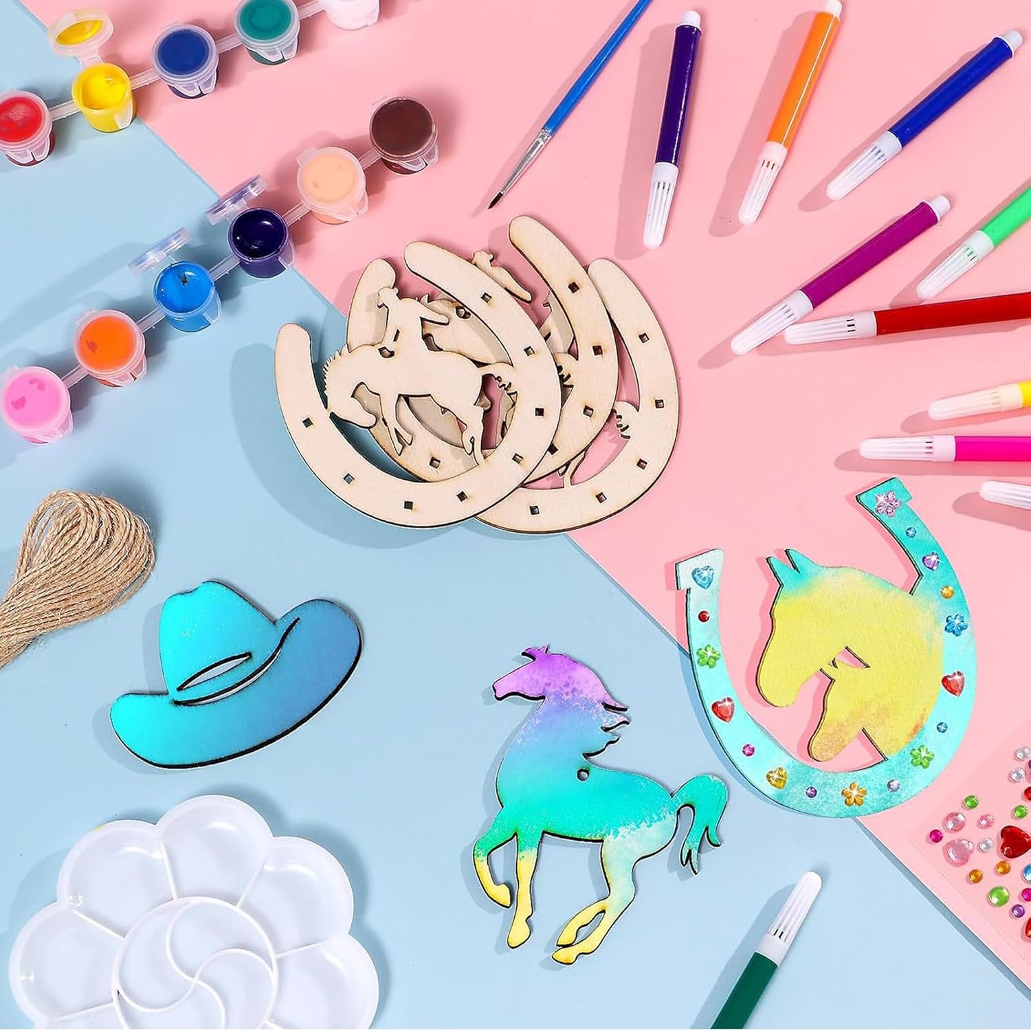 36set DIY Wooden Painting Crafts Set, Unfinished Blank Coloring Wooden Stencils of Horseshoe, Arts and Crafts Supplies for Birthday Gifts Classroom Rewards Goodie Bags Fillers