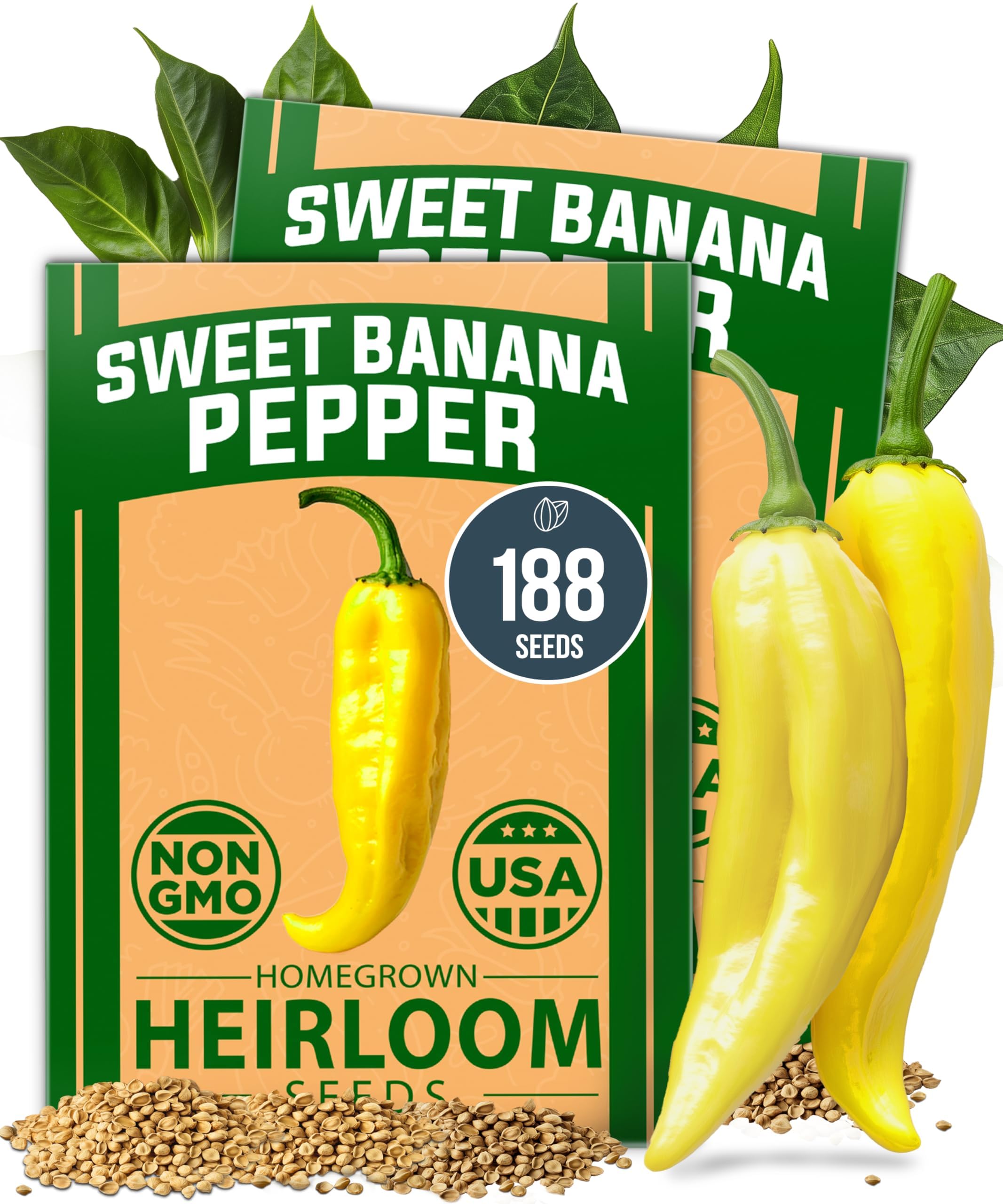 HOME GROWN Banana Pepper Seeds 2 Pack (Capsicum annuum) – 188 𝗡𝗢𝗡-𝗚𝗠𝗢, 𝗨𝗦𝗔-𝗦𝗢𝗨𝗥𝗖𝗘𝗗 Heirloom Seeds, High Germination Vegetable Seeds – Growing Sweet Banana Peppers Indoors or Garden