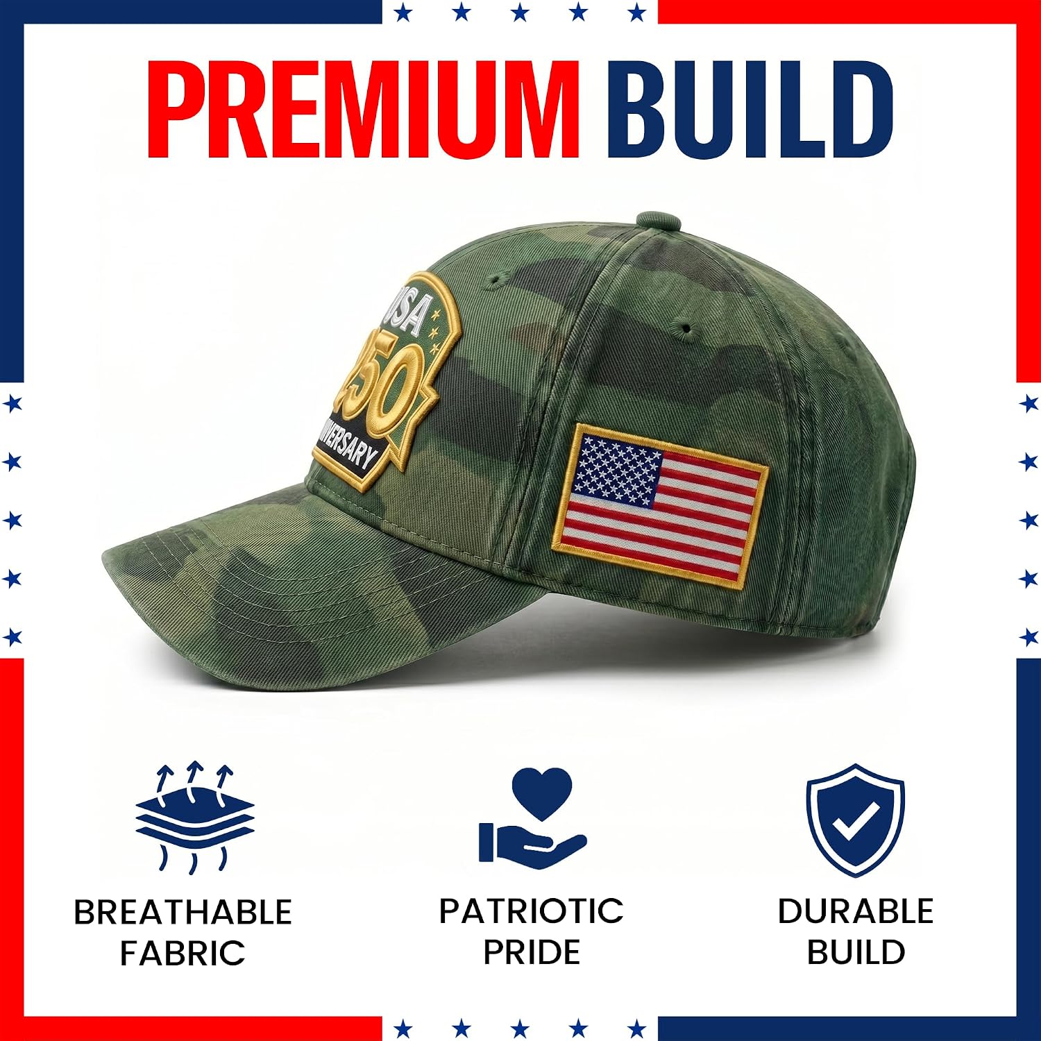 250 Anniversary USA Hat | Green Logo Design America 250 Anniversary Embroidered Baseball Cap | 4th of July Hat