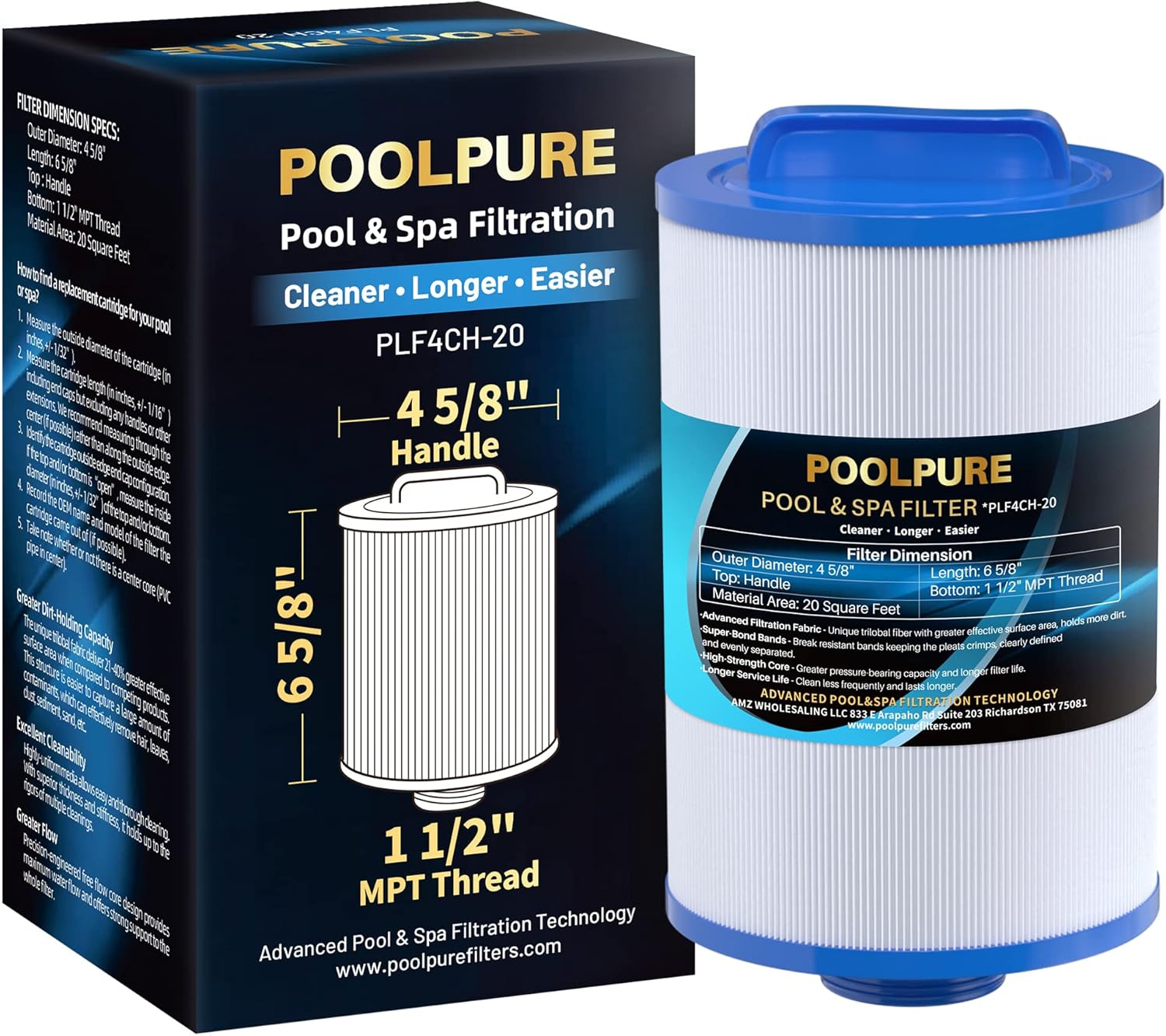 POOLPURE PLF4CH-20 Sap Filter Replaces PHC25P4, Unicel 4CH-20, Filbur FC-0125, 4CH-20, SD-01376, 20 Sq.ft Filter Cartridge 1PACK