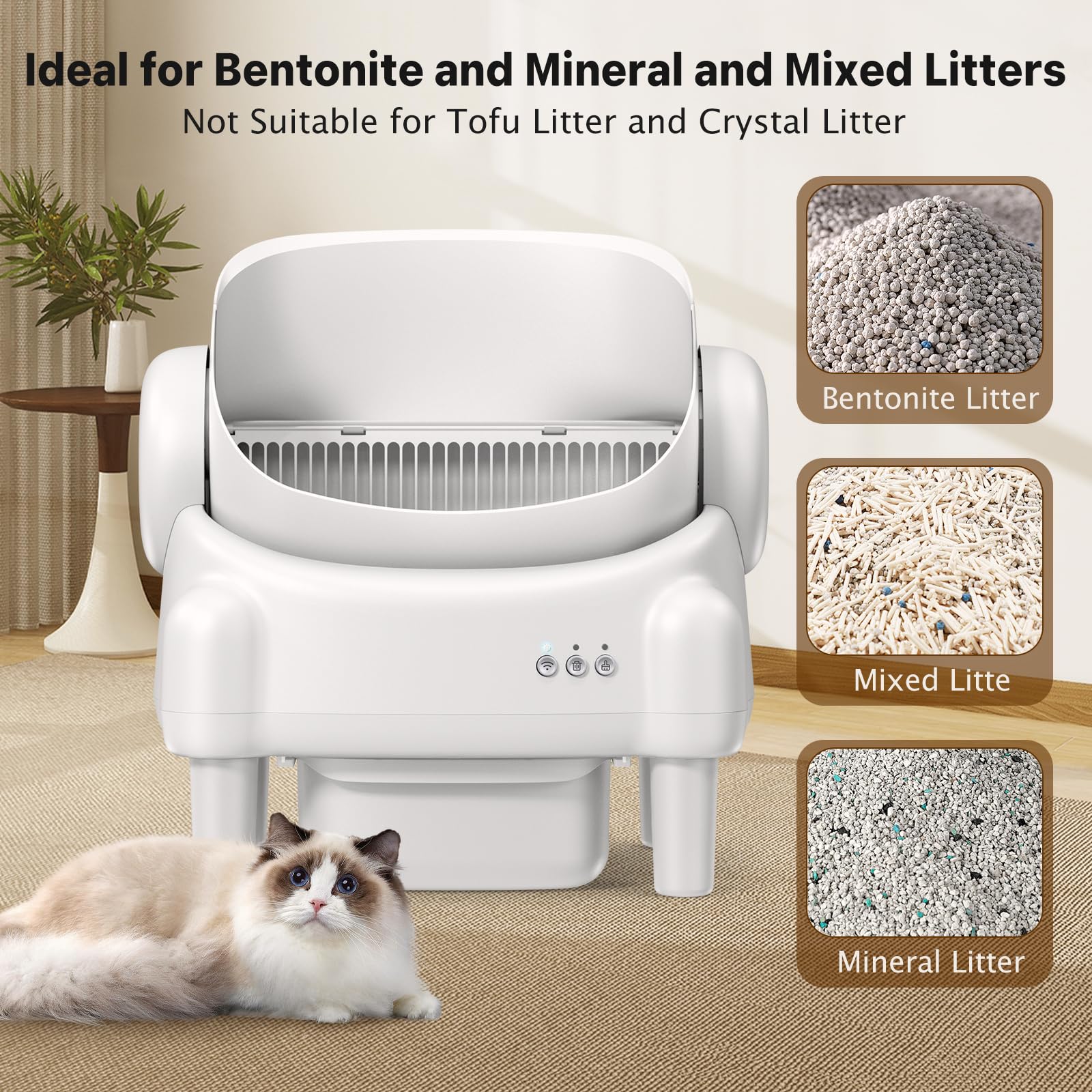 Self Cleaning Litter Box,Open Top Automatic Litter Box with App Control for Multiple Cats, Safety Sensors Protection, Odor Control Includes 2 roll Liners,Large Waste Bin, Cream White