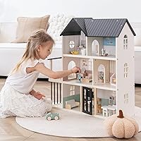 Leeshyah Modern Wooden Dollhouse for Kids: 6-Room Playset with 26 Furniture, Functional Doors, 1:12 Scale for 4-6" Dolls, Ages 3+ STEM Toy
