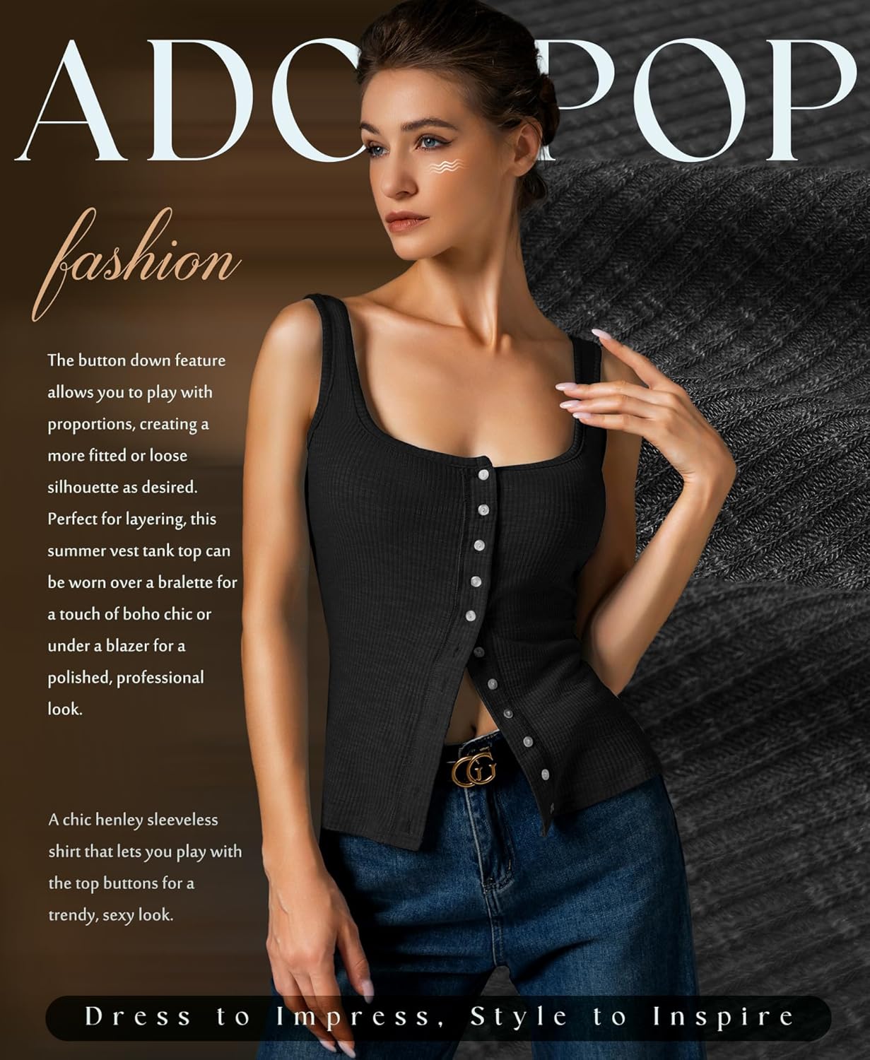 Womens Ribbed Tank Tops - Sleeveless Blouses Button Down Henley Shirts Summer Vest Cami Top - Image 2