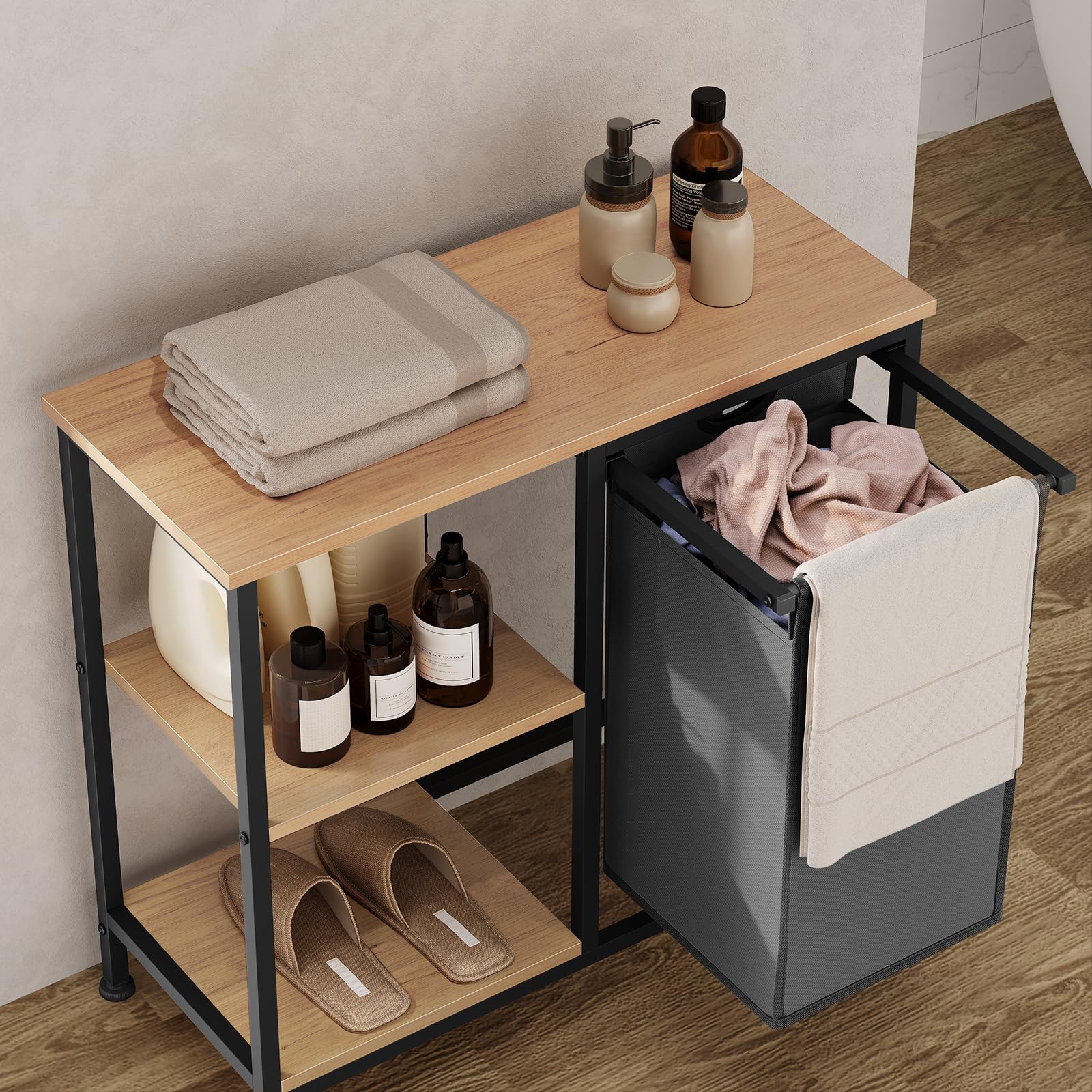 EUGAD Estanteria de Baño con Cesto para Ropa Sucia, Saco Extraíble, Mueble Lavandería de 3 Niveles, Cesta Ropa Sucia de Tela Oxford 31 L, 70x30x65 cm