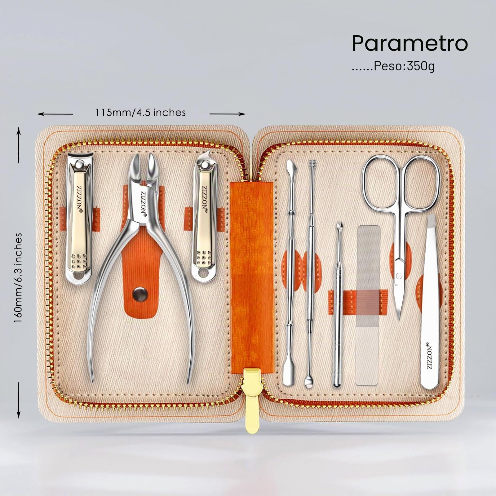 ZIZZON Set manicure professionale in acciaio inox per unghie e unghie dei piedi set 9 in 1 kit per pedicure e toelettatura con custodia da viaggio (arancione)