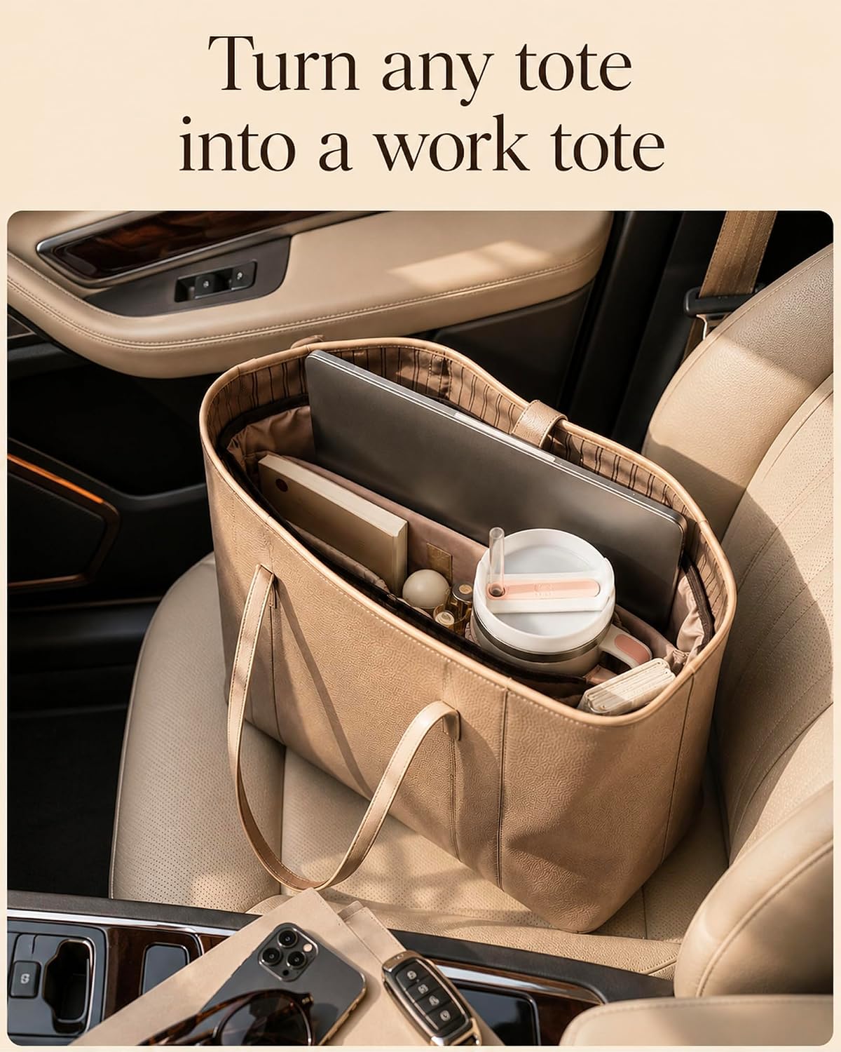TOVICE Purse Organizer Insert for Tote Bag with 40oz Cup Holder & Laptop Sleeve - Silky Bag Organizer with 10 Pockets, Light Weight, for Longchamp Le Pliage Large, for Neverfull MM, 13.6 Inch Laptop