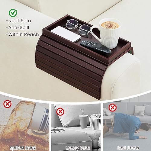 Miniatura 2 de GEHE Bandeja de brazo de bambú para sofá, mesa auxiliar plegable para brazo de sofá, mesa auxiliar con reposabrazos anticaídas, soporte para tazas