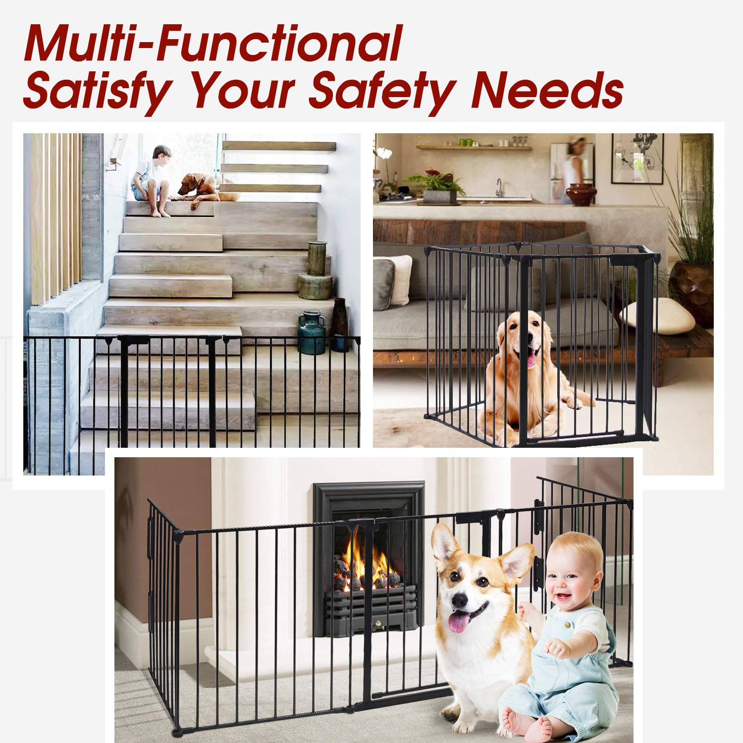 Fireplace Fence Safety Gate 121-Inch Wide Adjustable 5-Panel Folding Metal Play Yard Pet/Dog Christmas Tree Fence Pet Gates with Walk Through Door 30" High Black
