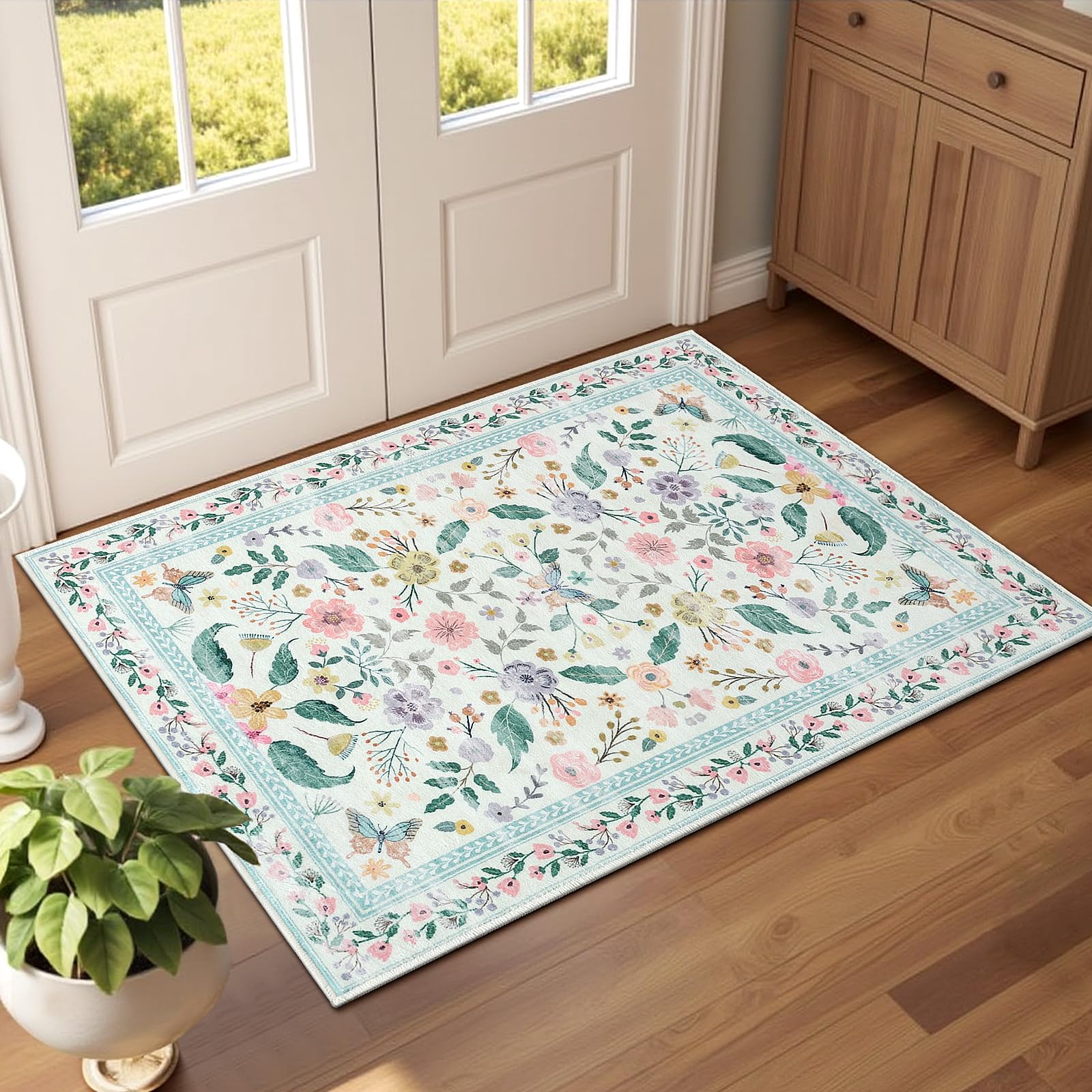 Terrug 2x3 Green Floral Area Rug for Entryway,Boho Machine Washable Throw Rugs with Non-Slip Blacking for Kitchen,Small Flower Carpet for Bedroom