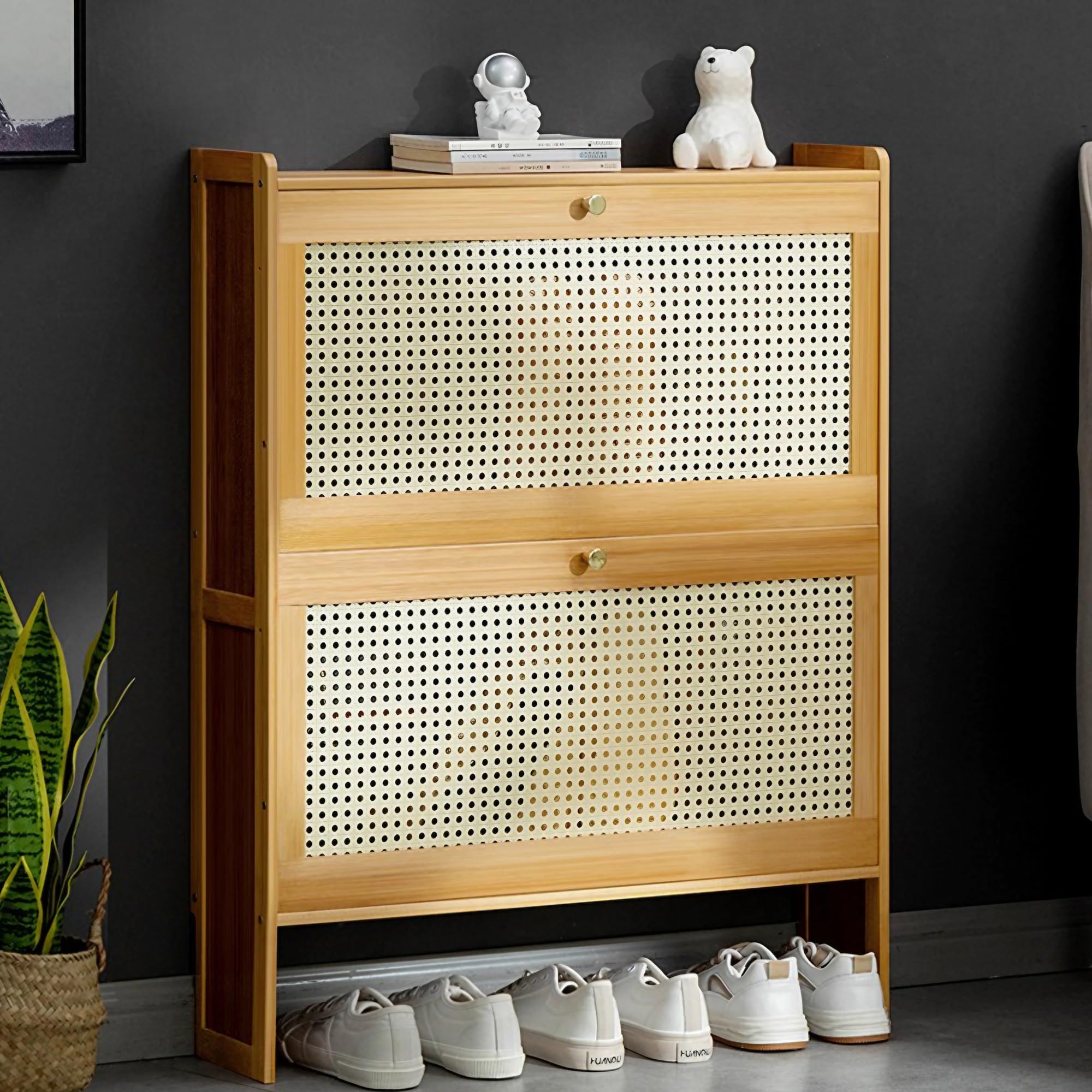 YSPZDQ Bamboo Shoe Storage Cabinet, Entryway Shoe Storage, Rattan Free Standing Tipping Bucket Shoe Rack Organizer for Hallway, Warehouse, Bedroom, with 2, 3 Flip Storage Shelves(70x17x87cm)