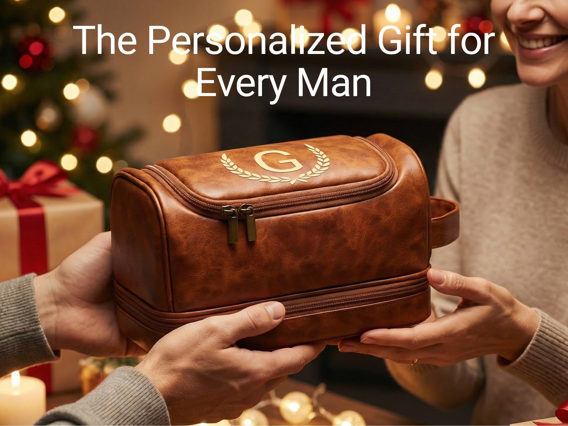 OXYEFEI Neceser personalizado para hombres, regalos personalizados para hombres para marido y papá, piel sintética con monograma personalizado, impermeable, artículos de aseo para hombre, kit esencial