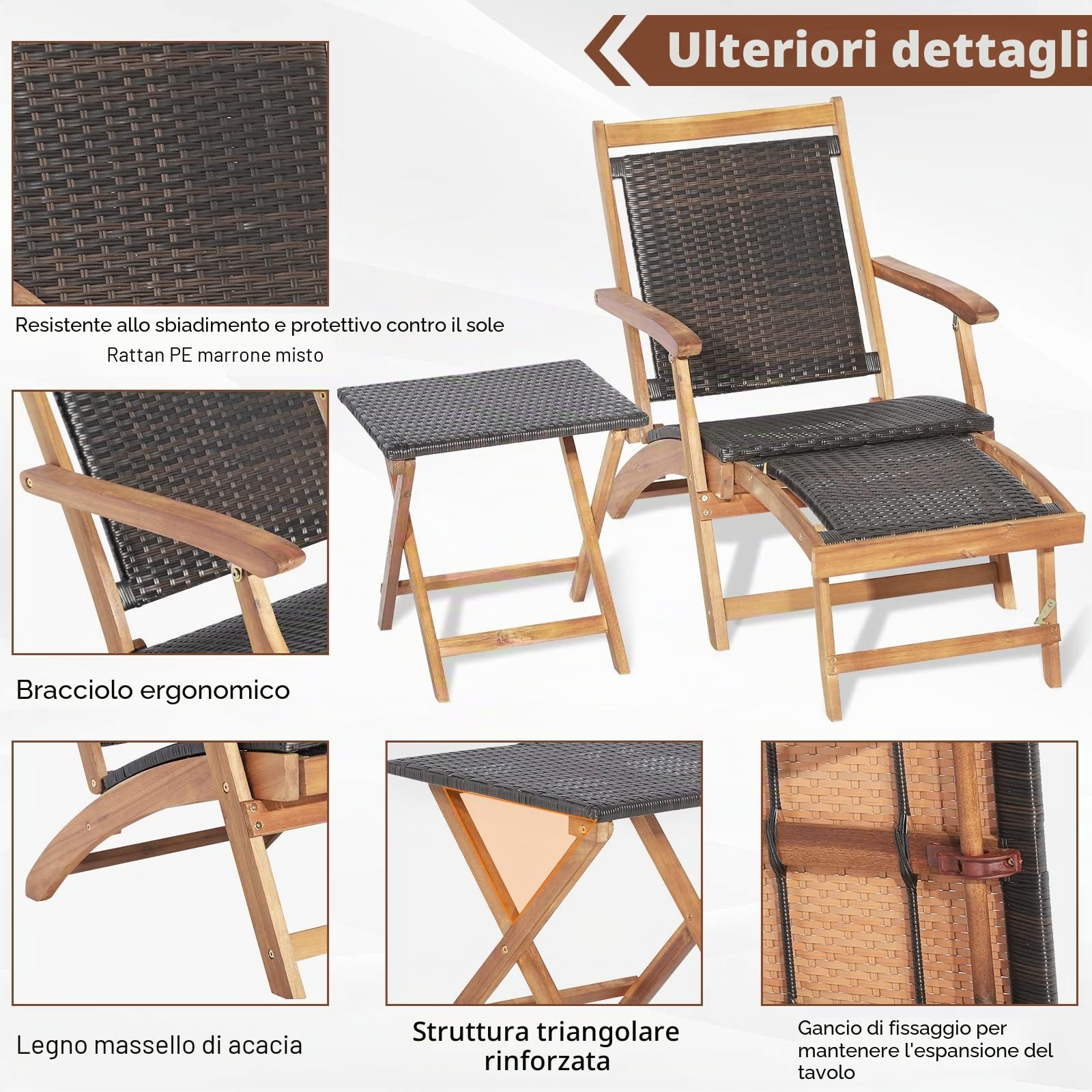 KOMFOTTEU Set Pieghevoli da Giardino in Rattan con Sedia Sdraio e Tavolino