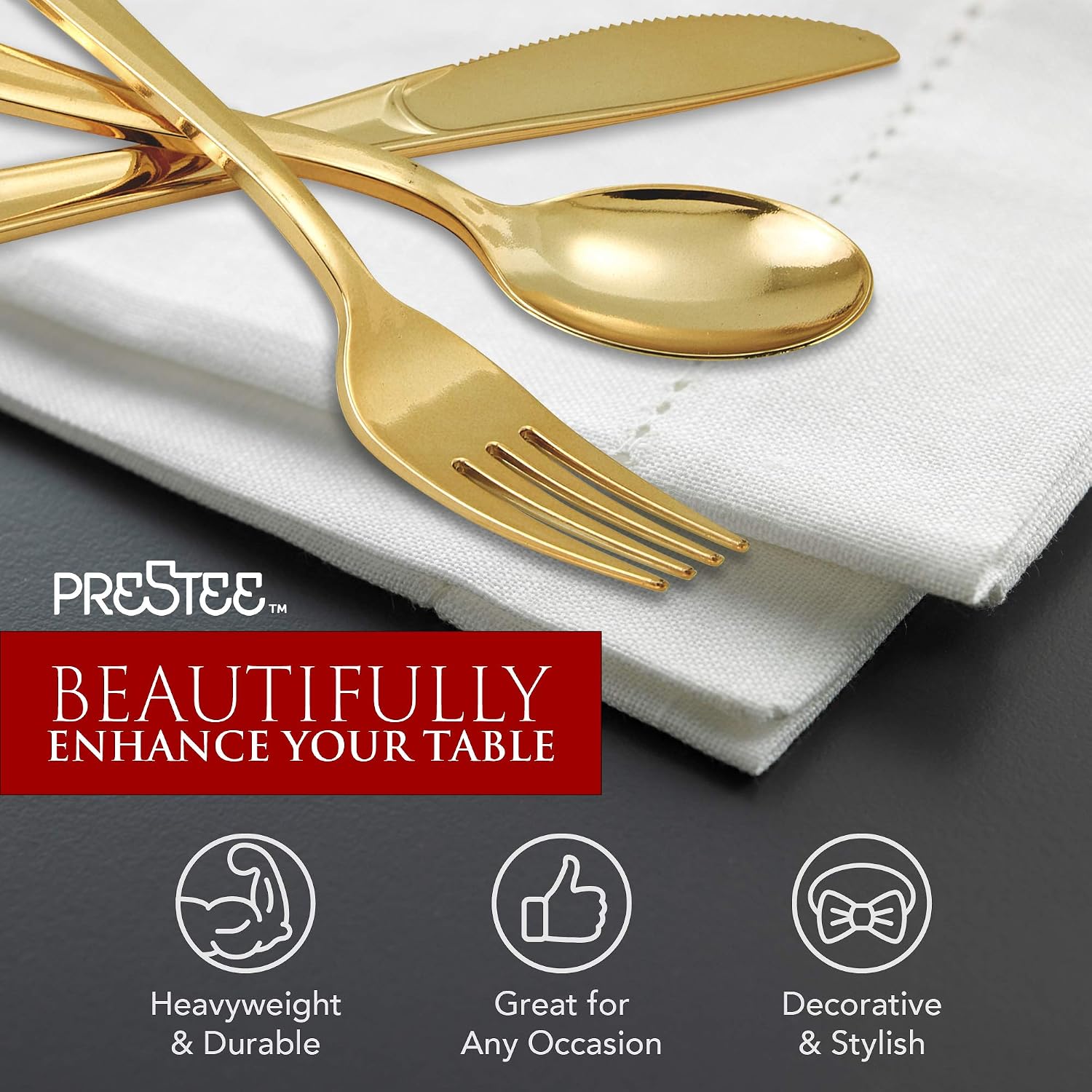 200 Gold Plastic Silverware Set - Gold Plastic Cutlery Set, Disposable Silverware Set | 100 Gold Forks, 50 Gold Spoons, 50 Gold Knives | Heavy Duty Bulk Disposable Flatware Set | Plastic Utensils Set