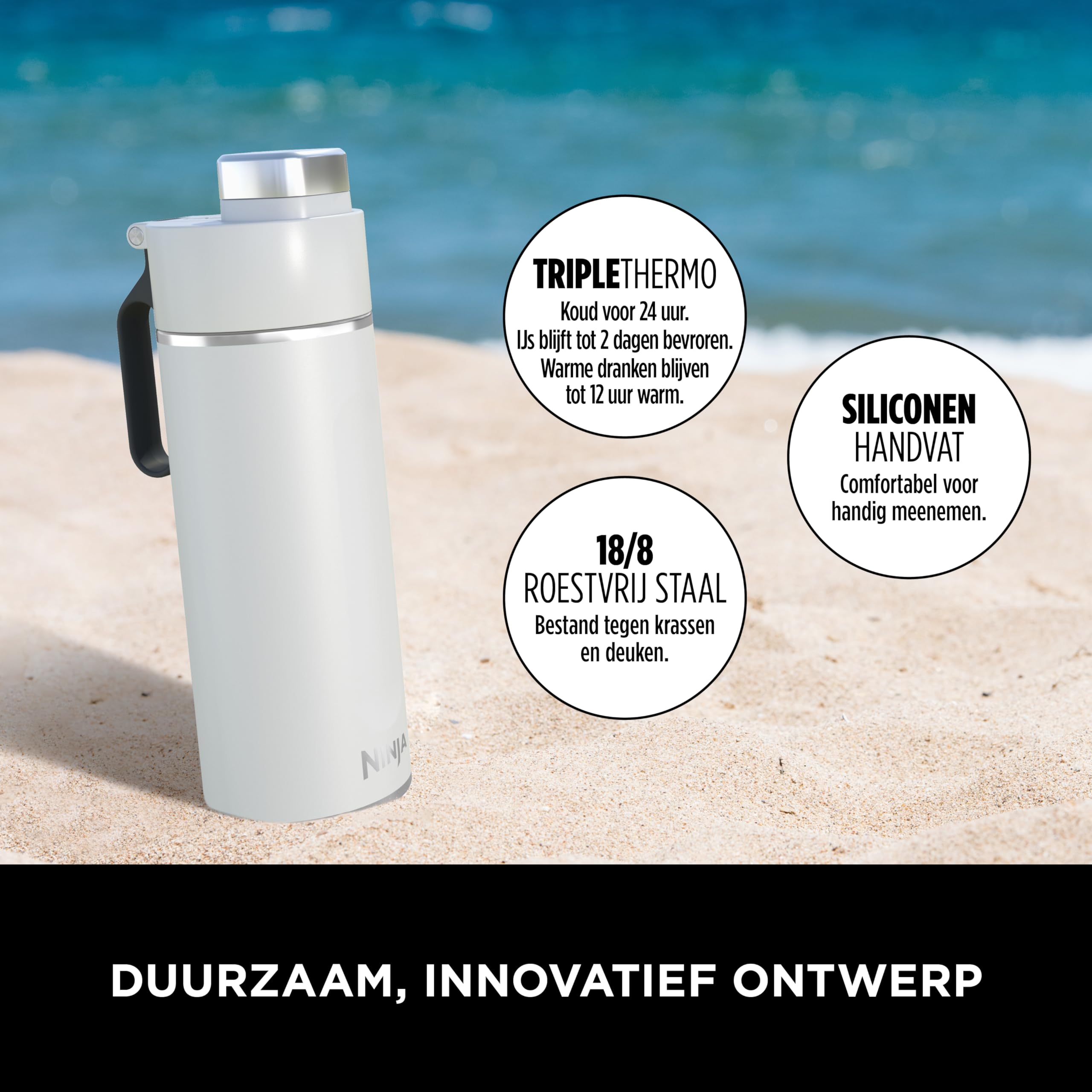 Ninja Thirsti Waterfles en Veldfles 530 ML met Lekvrij Deksel. Koolzuurhoudende, Koude en Warme Dranken. Ideaal voor Reizen & Sporten, Drievoudig Geïsoleerde, Roestvrijstalen Fles, Grijs, DW1801EUUKGY