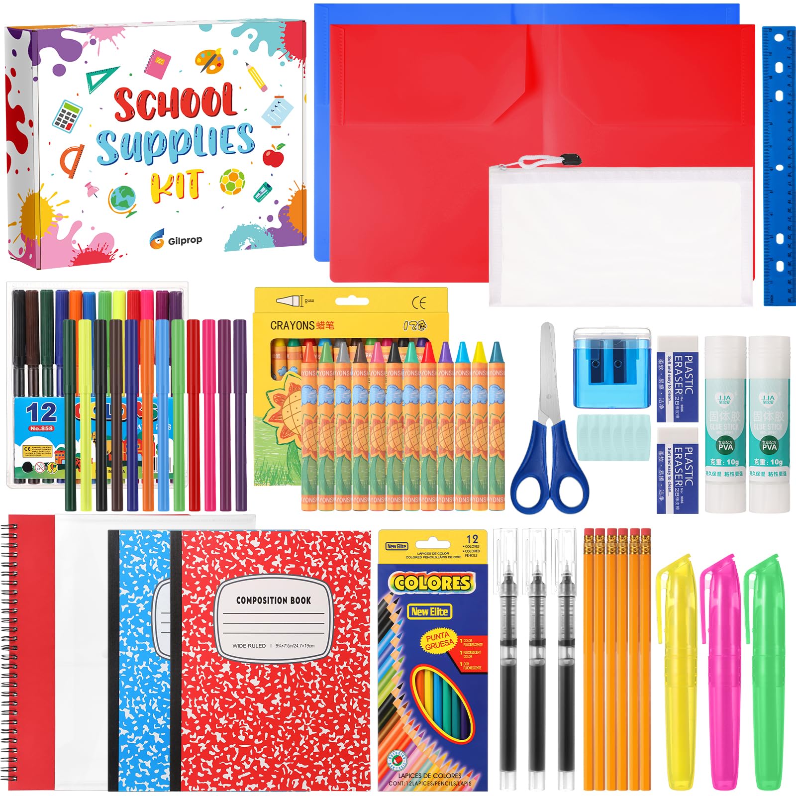 Gilprop 39 pezzi Back to Supplies Essentials Bundle include matite, forbici, righello, gomma, temperamatite, quaderno, astuccio, cartella notebook (multicolore)