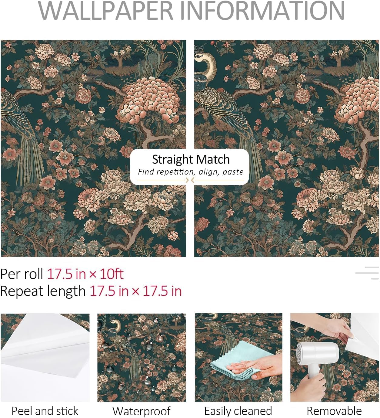 ReWallpaper Vintage Floral Wallpaper Peel and Stick Removable Dark Green Peacock Wallpaper for Bathroom Waterproof Pink Chinoiserie Peony Flower Wall Decor Green Contact Paper for Cabinets 17.5in×23ft