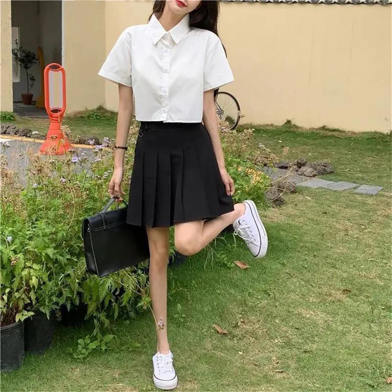 Genérico Camisa Informal Holgada de Manga Corta con Cuello Vuelto, Corte Recto y Botones Delanteros para Mujer (Manga Larga con Lazo)