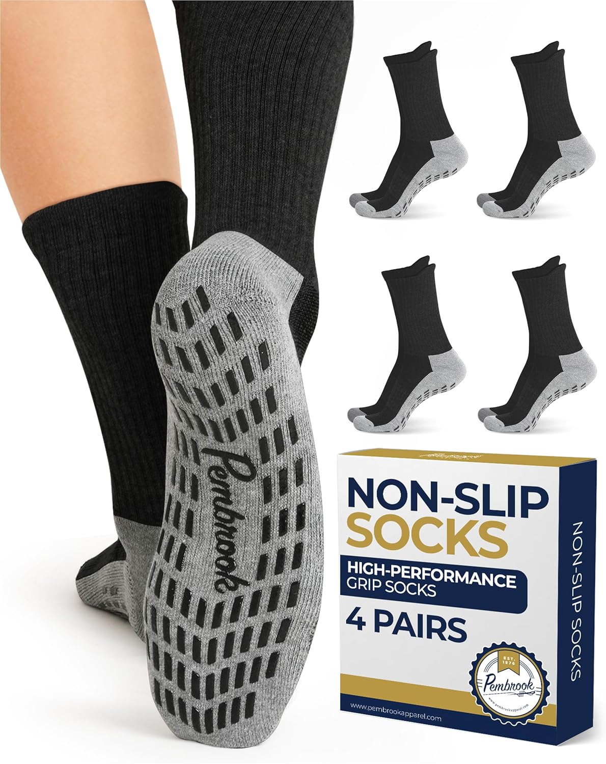 Pembrook Non Slip Crew Grip Socks Men & Women - 4 Pairs | Non Slip Socks for Elderly, Hospital, Pilates, Yoga, Barre, Home