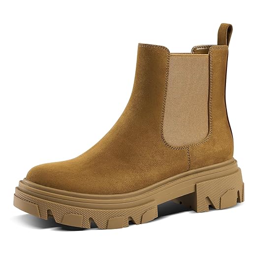 PIZZ ANNU Botas femininas Dani Platform Chelsea, modernas, com sola de lug, salto grosso, sem cadarço, elástico, cano baixo, sapatos, Marrom, 35