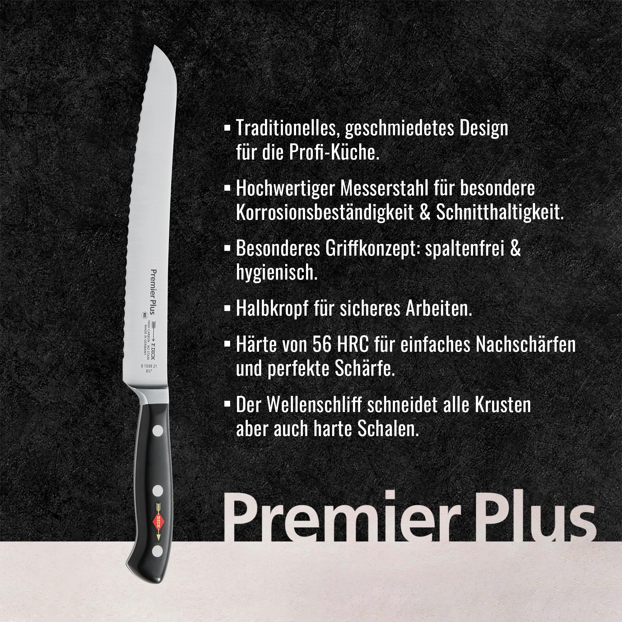 F. Dick Brotmesser, Sägemesser, Premier Plus (Messer mit Klinge 21 cm, X50CrMoV15 Stahl, nichtrostend, 56° HRC) 81039212, Schwarz