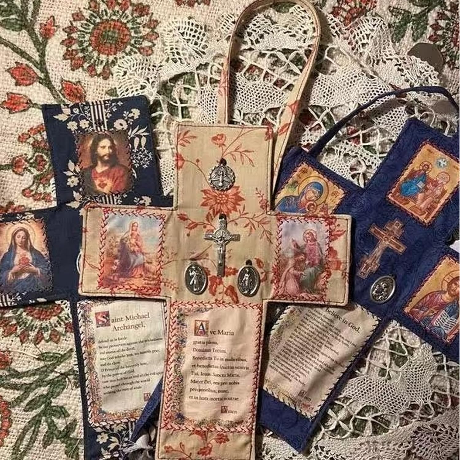 Handcrafted Pocket Shrine Catholic – Portable Travel Prayer Kit & Folding Personal Altar Gifts, Pocket Shrine with Silver Cross, Faith Edition Pocket Devotional, Pocket Prayer & Altar for Spiritual Faith Practices (C)
