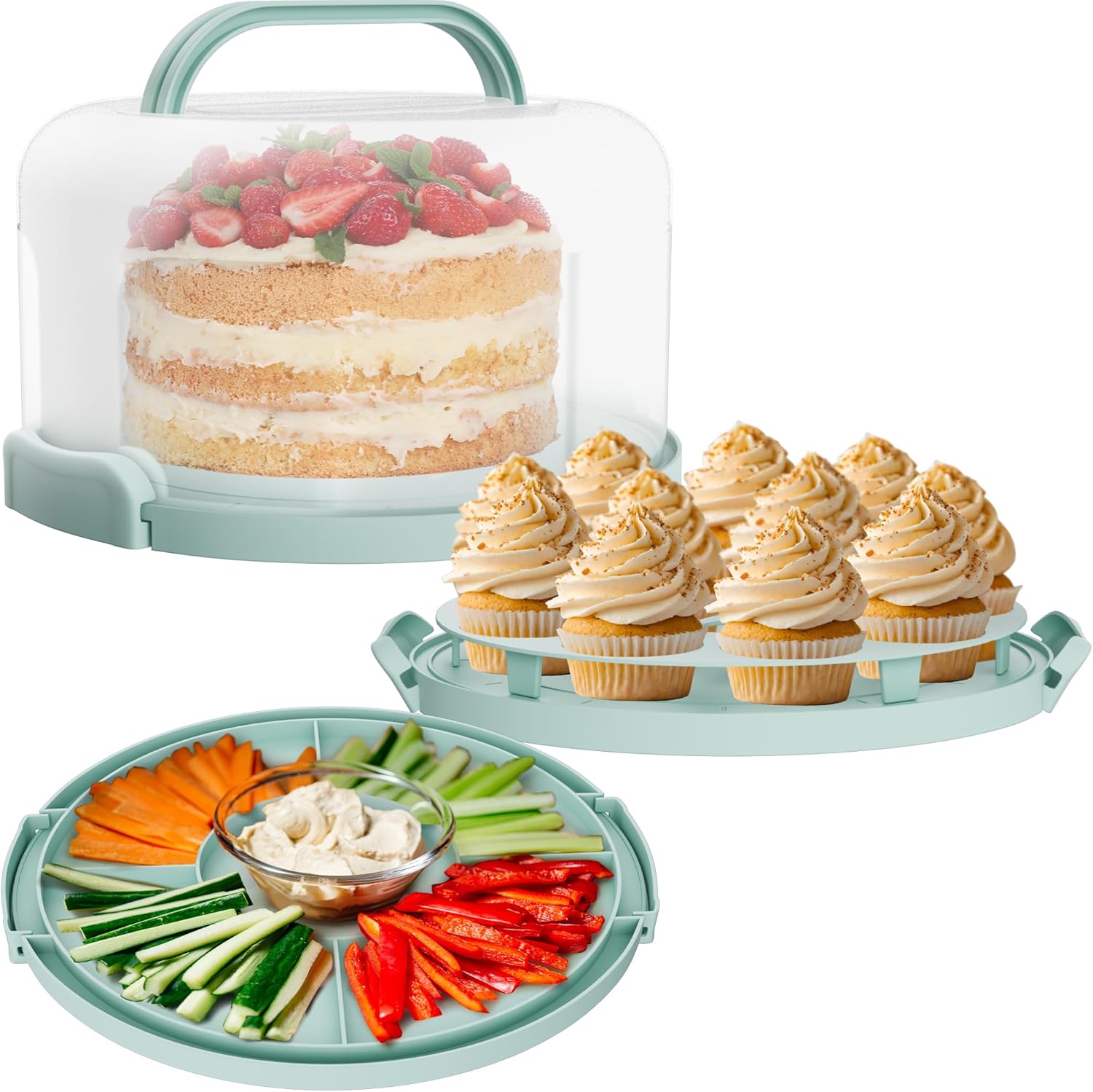 Cake Carrier with lid and Handle - Multipurpose Cake Stand with Lid for 10” Cake, Pie, Cupcakes - Cake Holder & Lid, Plastic Cake Container, Round Cake Cover for Transport & Storage (Seafoam Green) - Image 7
