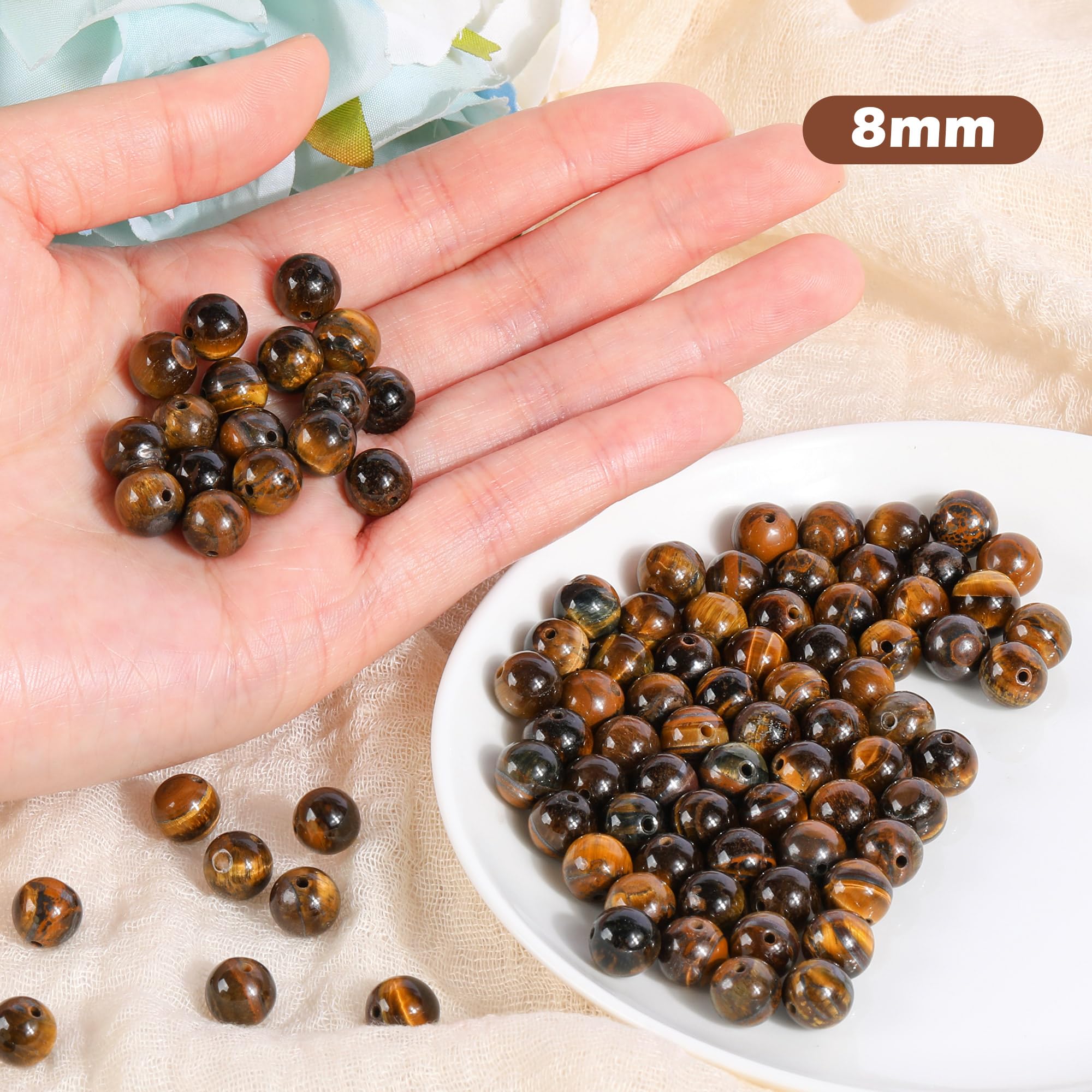 SOSMAR 90 Pcs 8mm Tiger Eye Beads Natural Round Stone Beads Loose Gemstone Semi-Precious Gemstones for Jewelry Making Bracelet Necklace Men & Women - Image 2