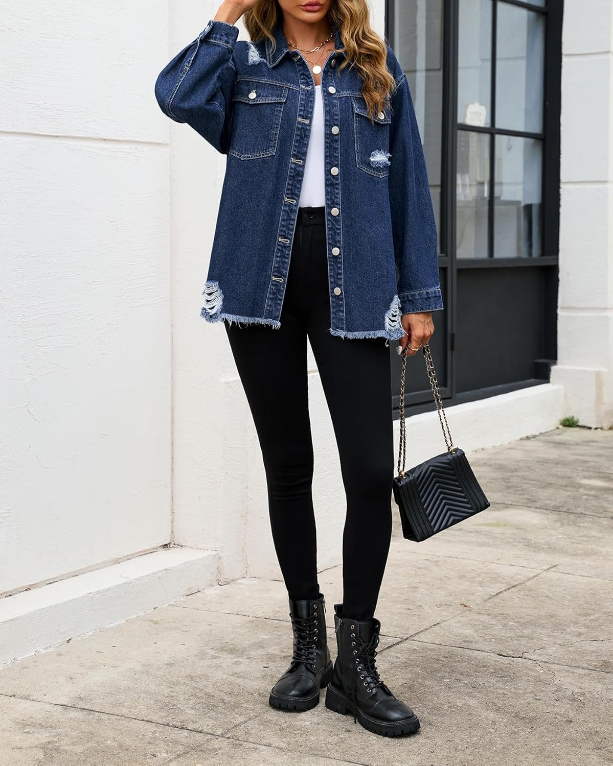 Kedera Womens Oversized Denim Jacket Distressed Casual Long Sleeve Washed Ripped Jean Shacket Fall Fashion Winter Clothes - Image 6